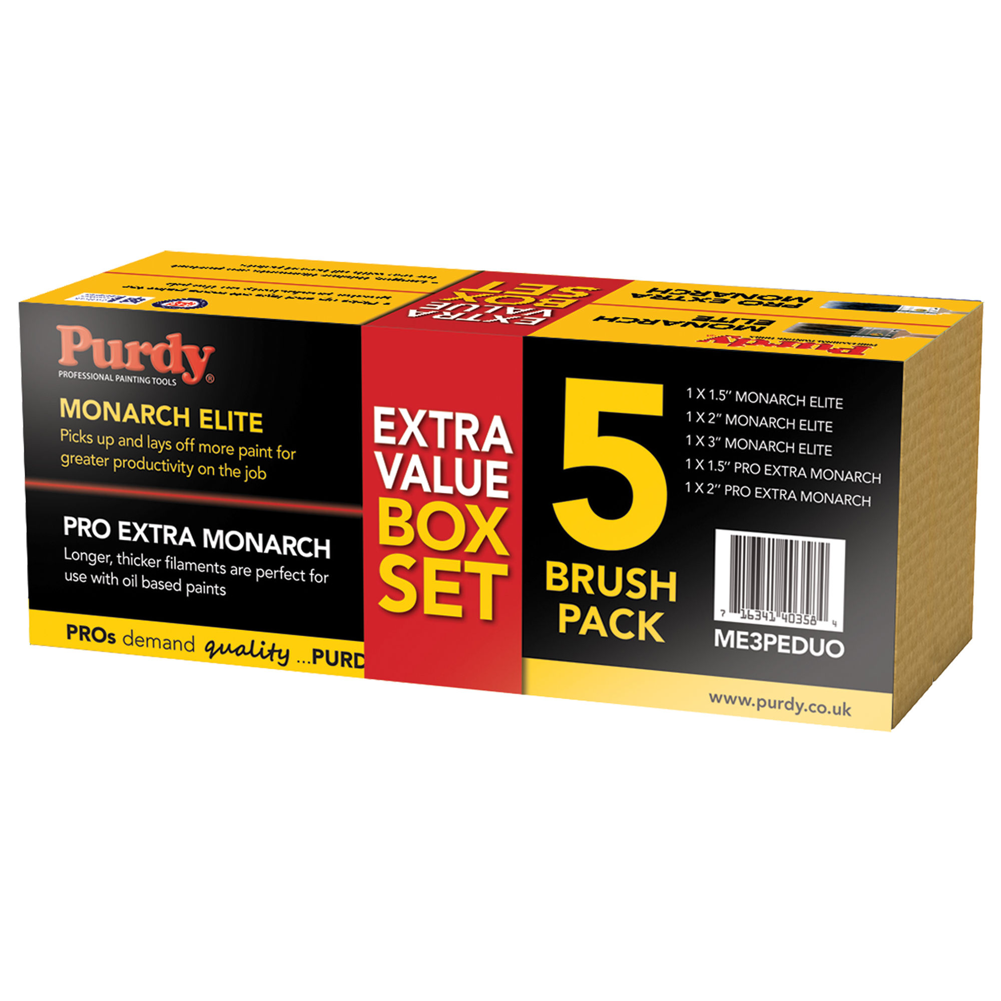 Purdy Monarch Elite and Pro-Extra Paint Brush Pack (5x Brushes) 1.5”, 2”, 3” - ME3PEDUO