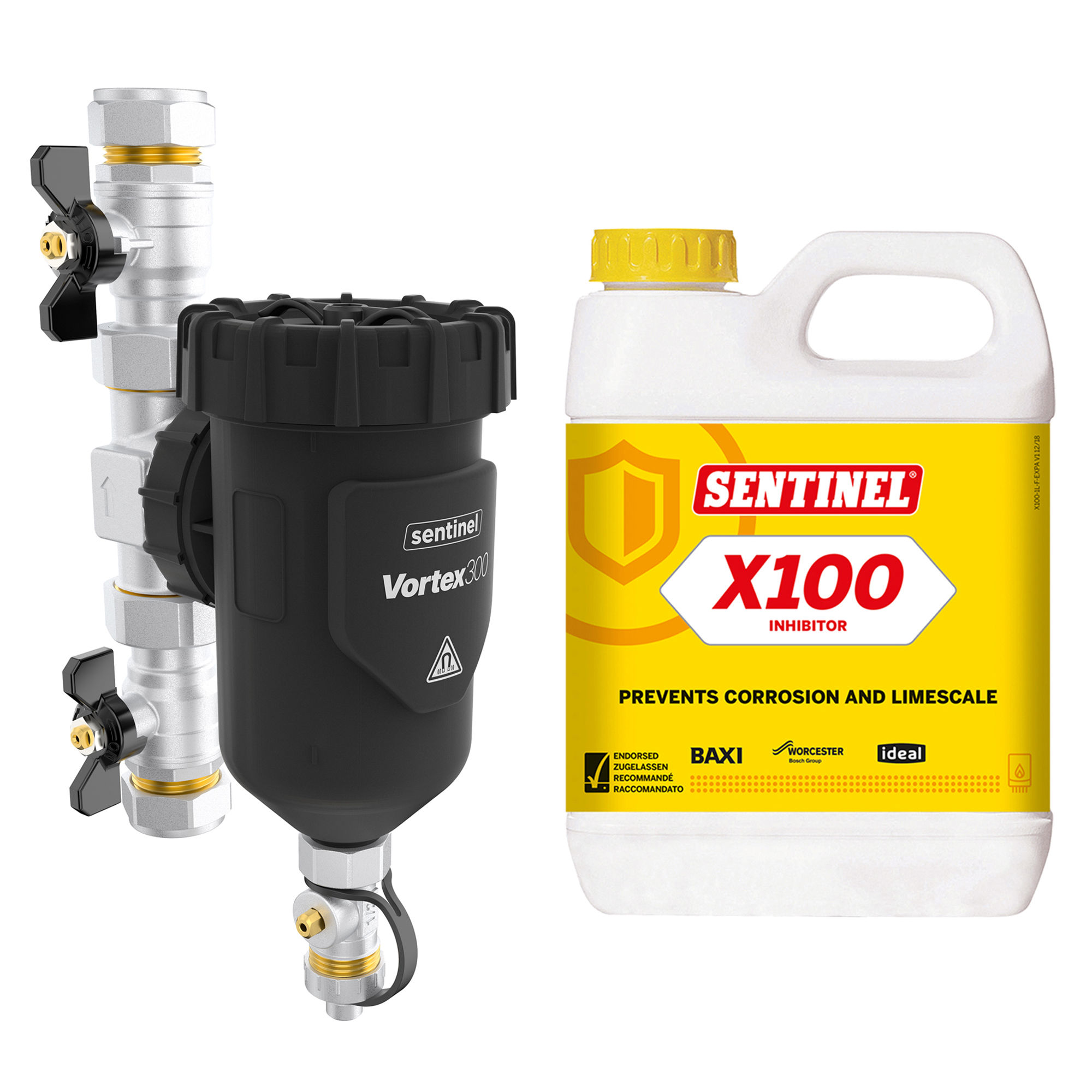 Sentinel Vortex 300 Central Heating Filter and X100 Inhibitor Protection Pack
