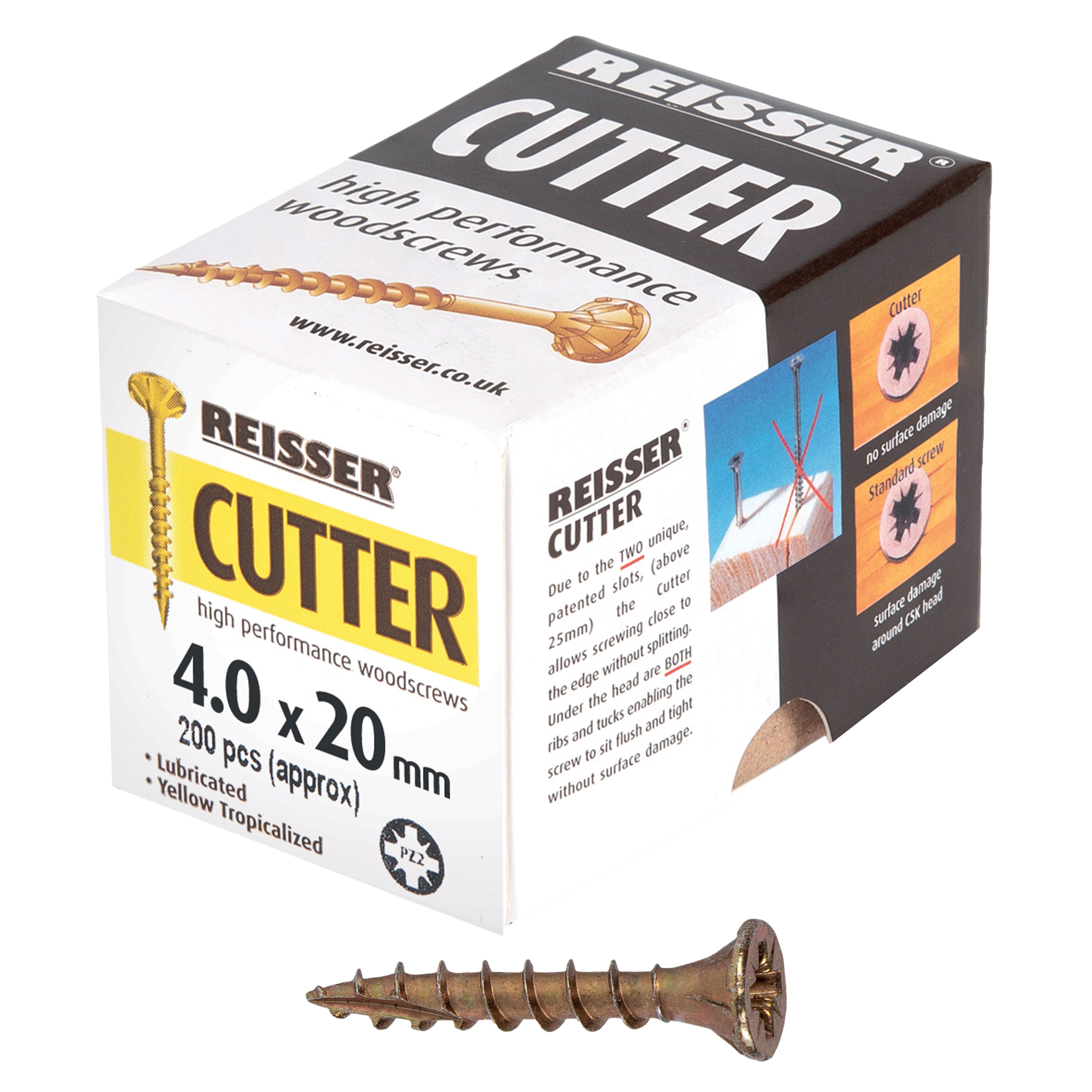 Reisser Cutter Yellow H/P Woodscrews (Box of Approx 200) 4.0mm x 20mm