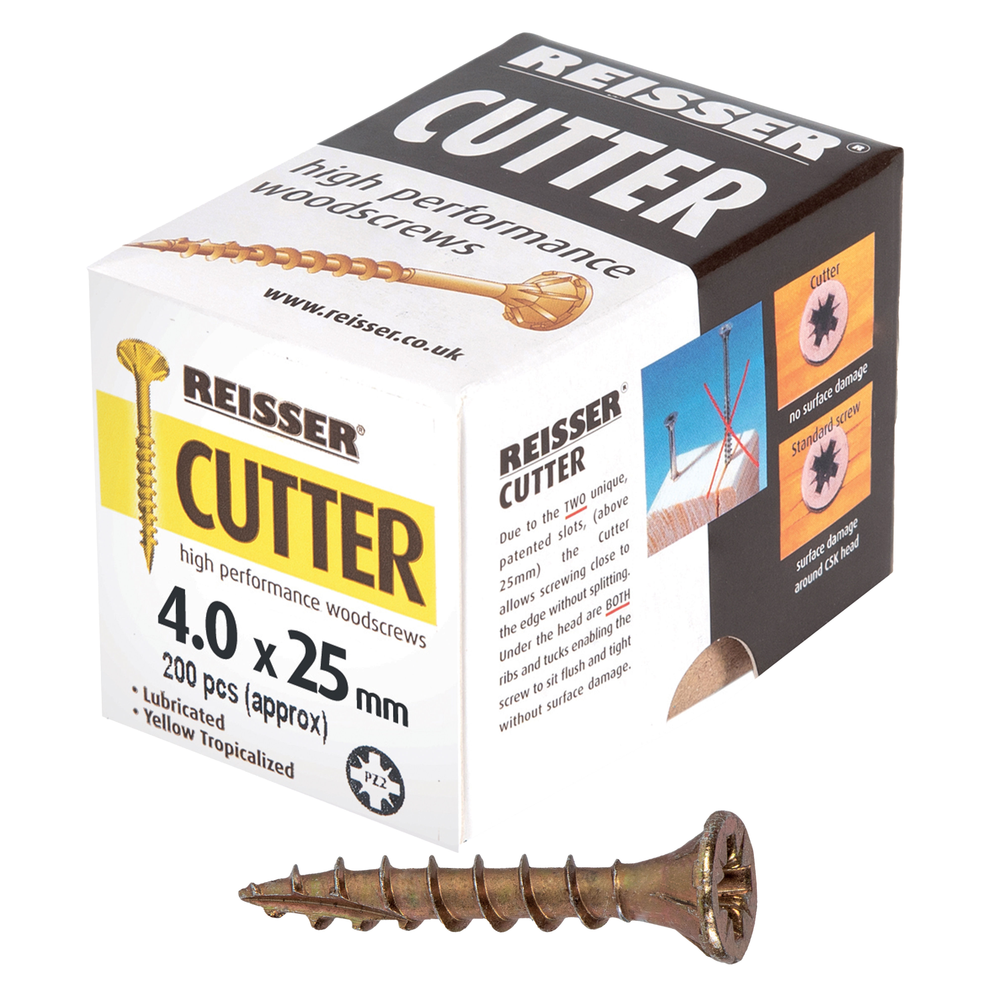 Reisser Cutter Yellow H/P Woodscrews (Box of Approx 200) 4.0mm x 25mm