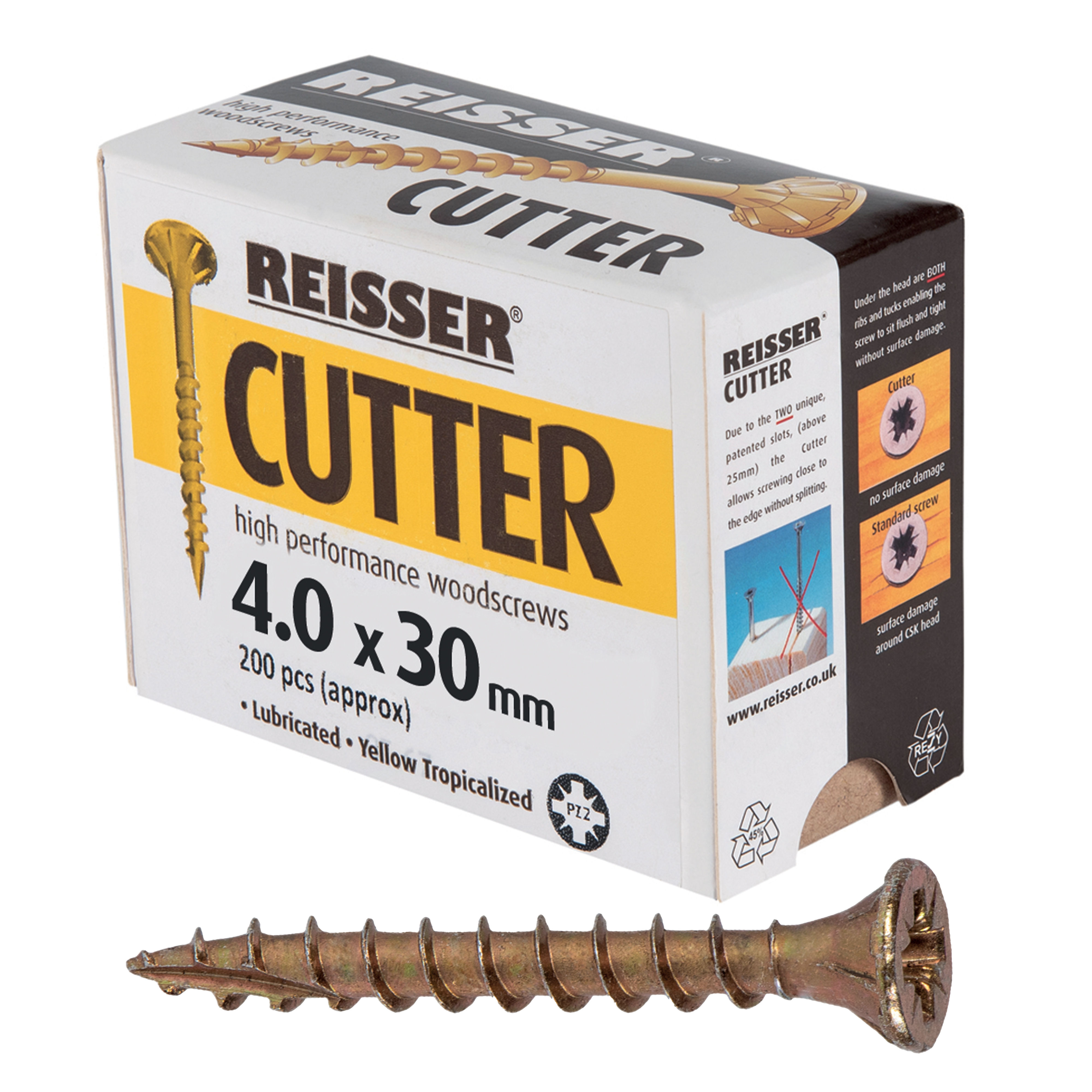 Reisser Cutter Yellow H/P Woodscrews (Box of Approx 200) 4.0mm x 30mm
