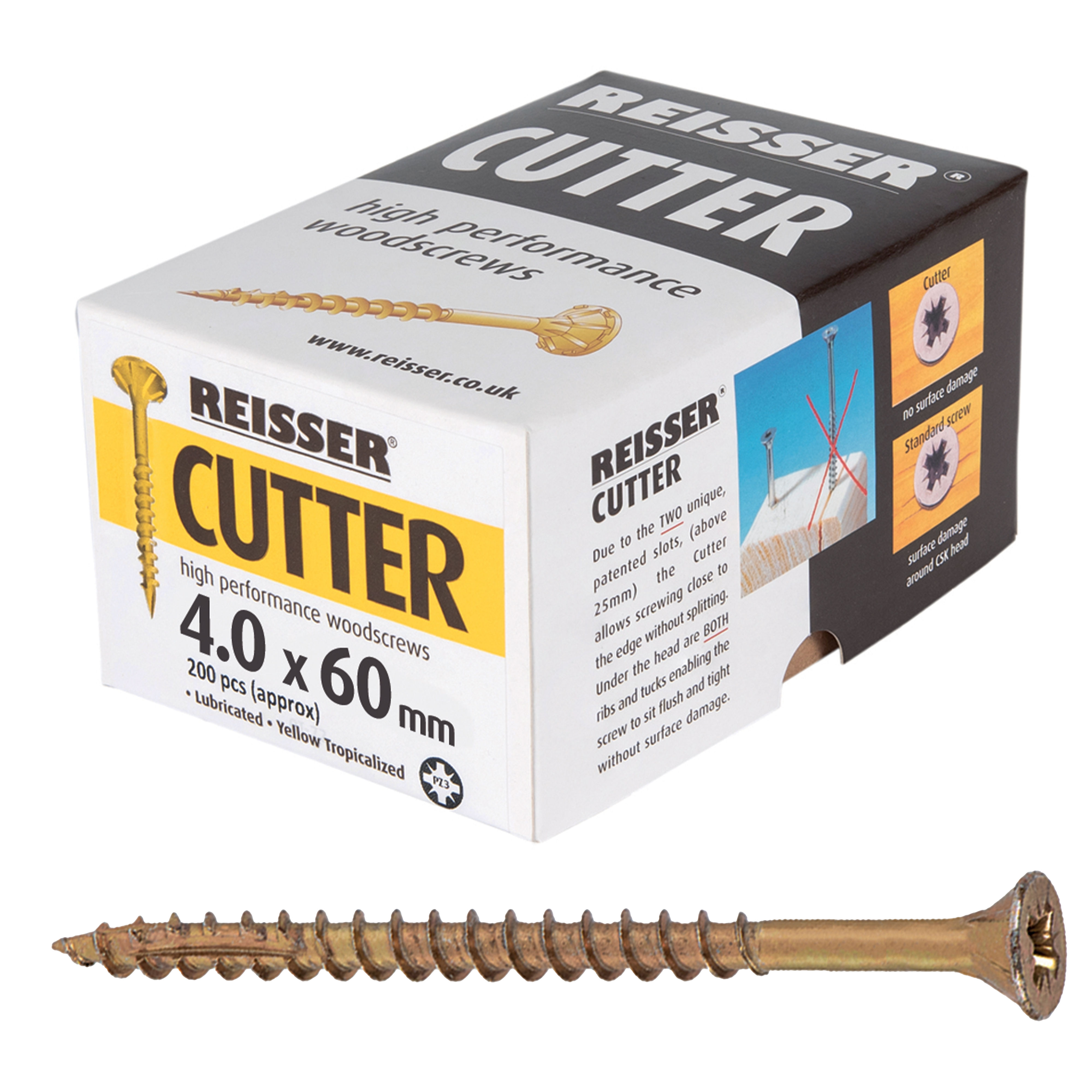 Reisser Cutter Yellow H/P Woodscrews (Box of Approx 200) 4.0mm x 60mm