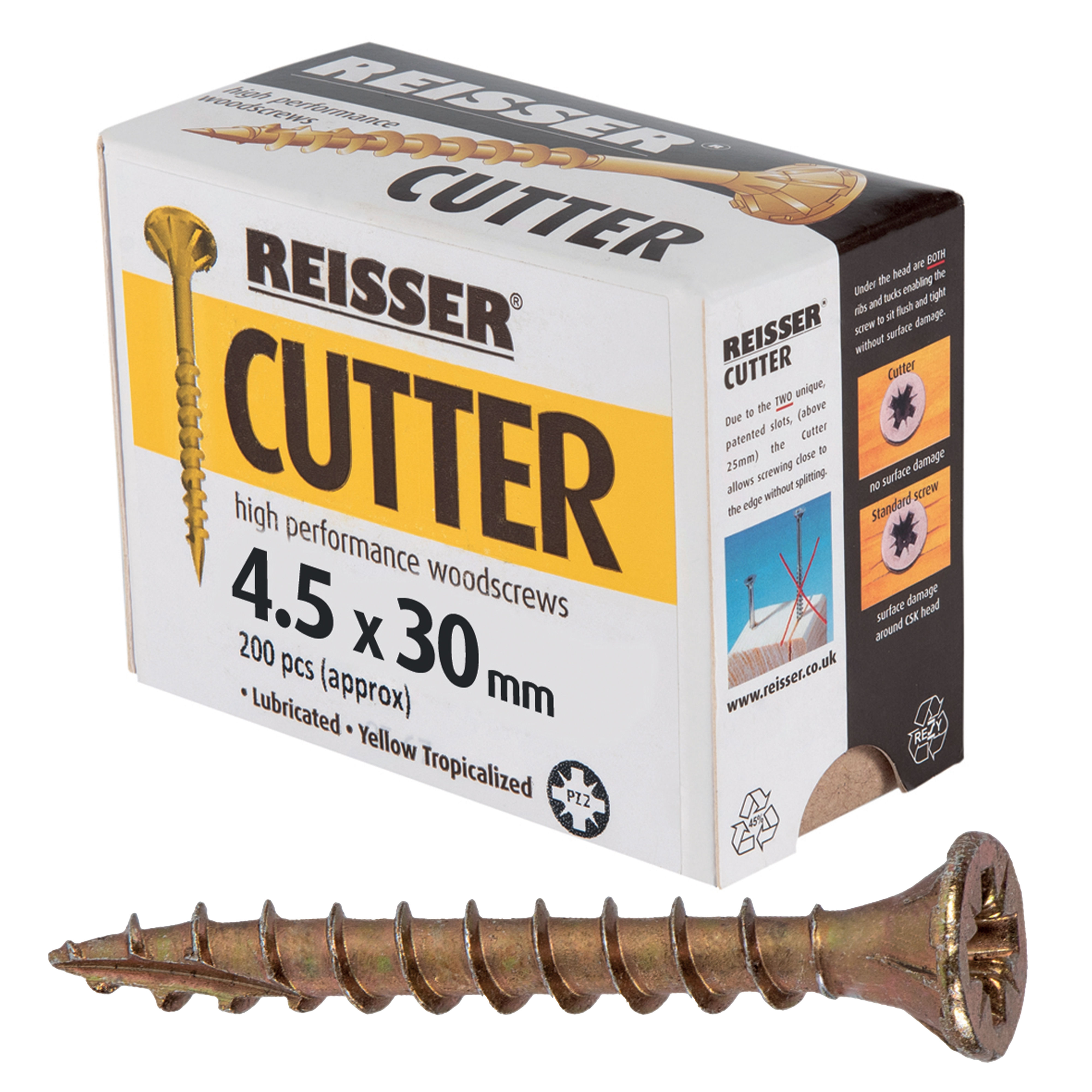 Reisser Cutter Yellow H/P Woodscrews (Box of Approx 200) 4.5mm x 30mm