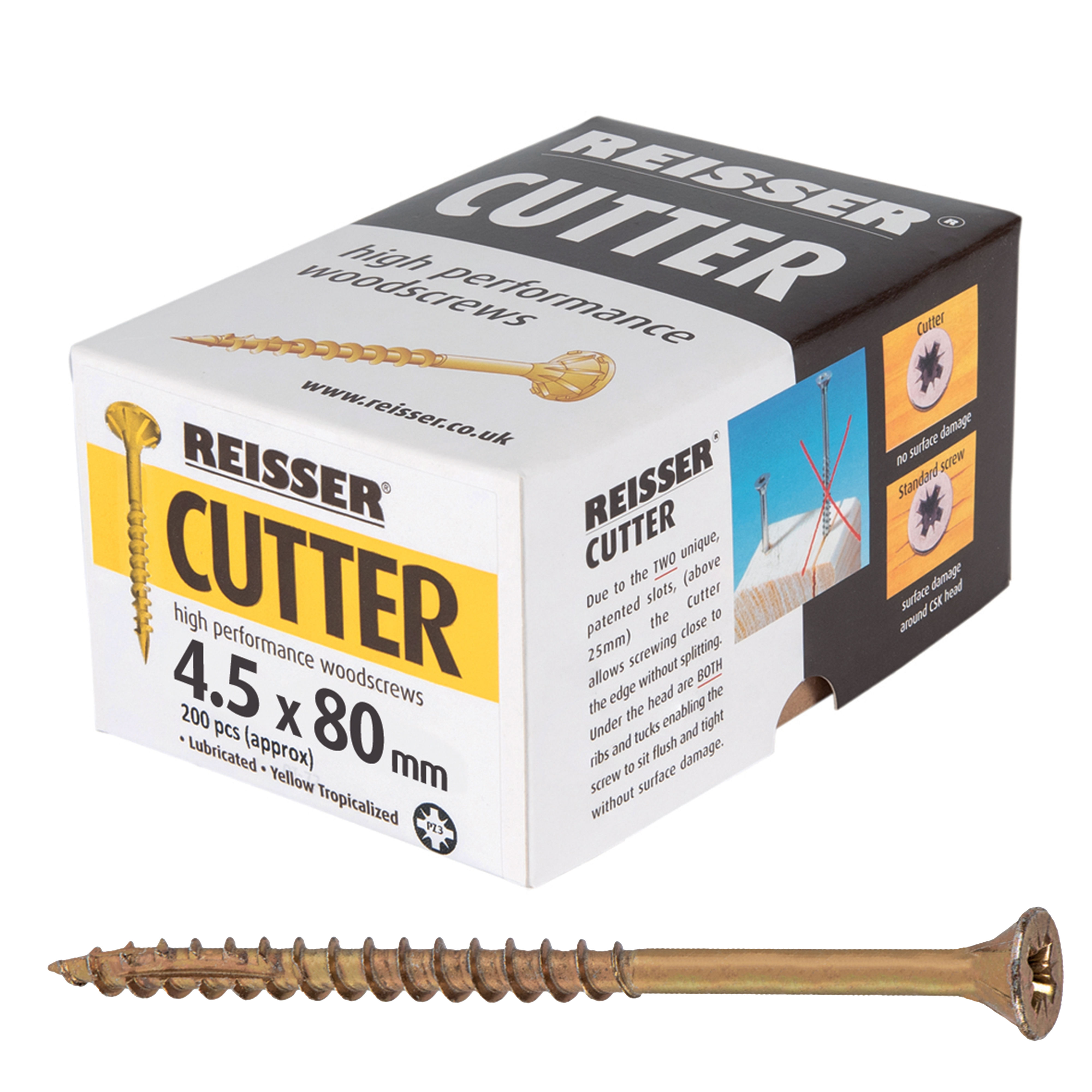 Reisser Cutter Yellow H/P Woodscrews (Box of Approx 200) 4.5mm x 80mm