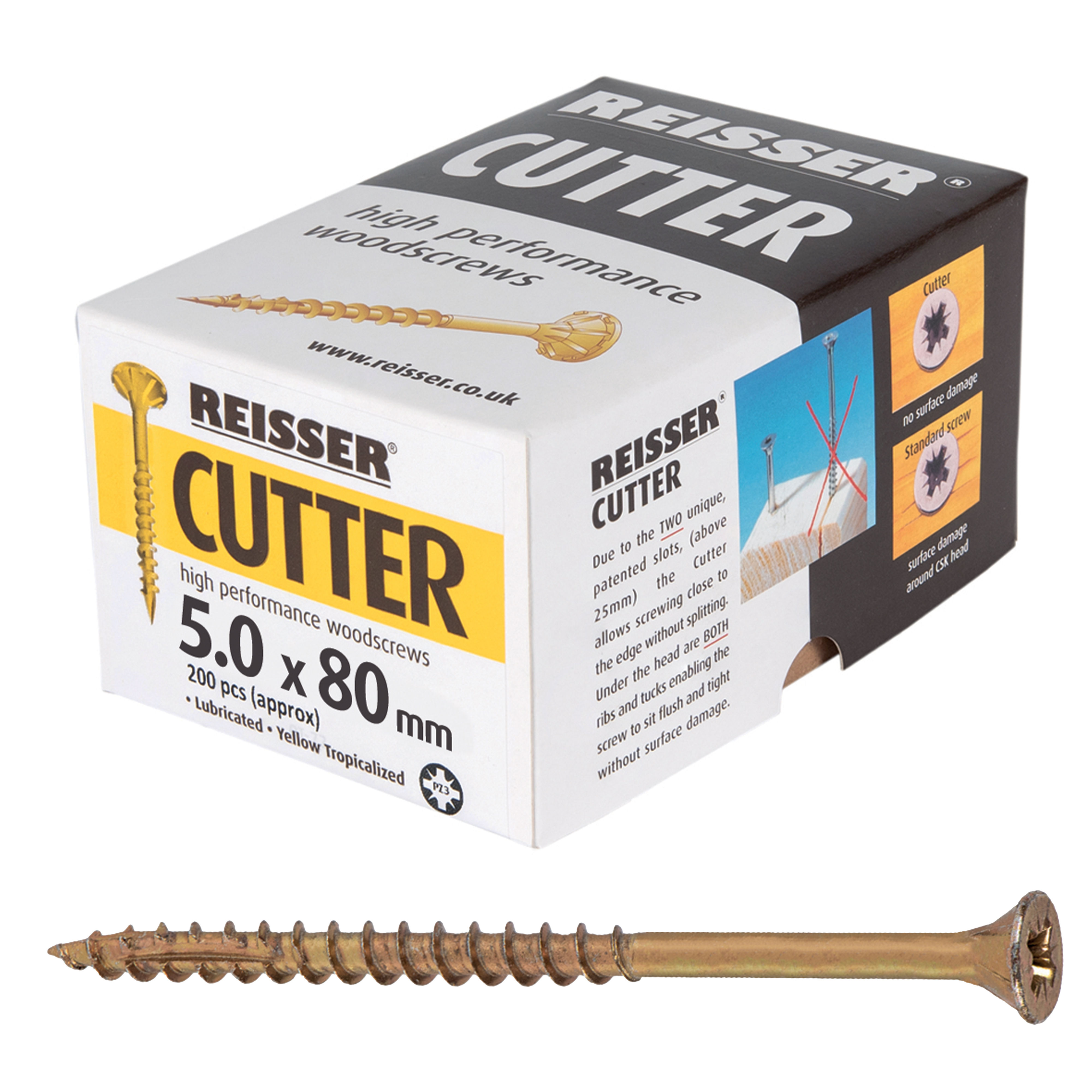 Reisser Cutter Yellow H/P Woodscrews (Box of Approx 200) 5.0mm x 80mm