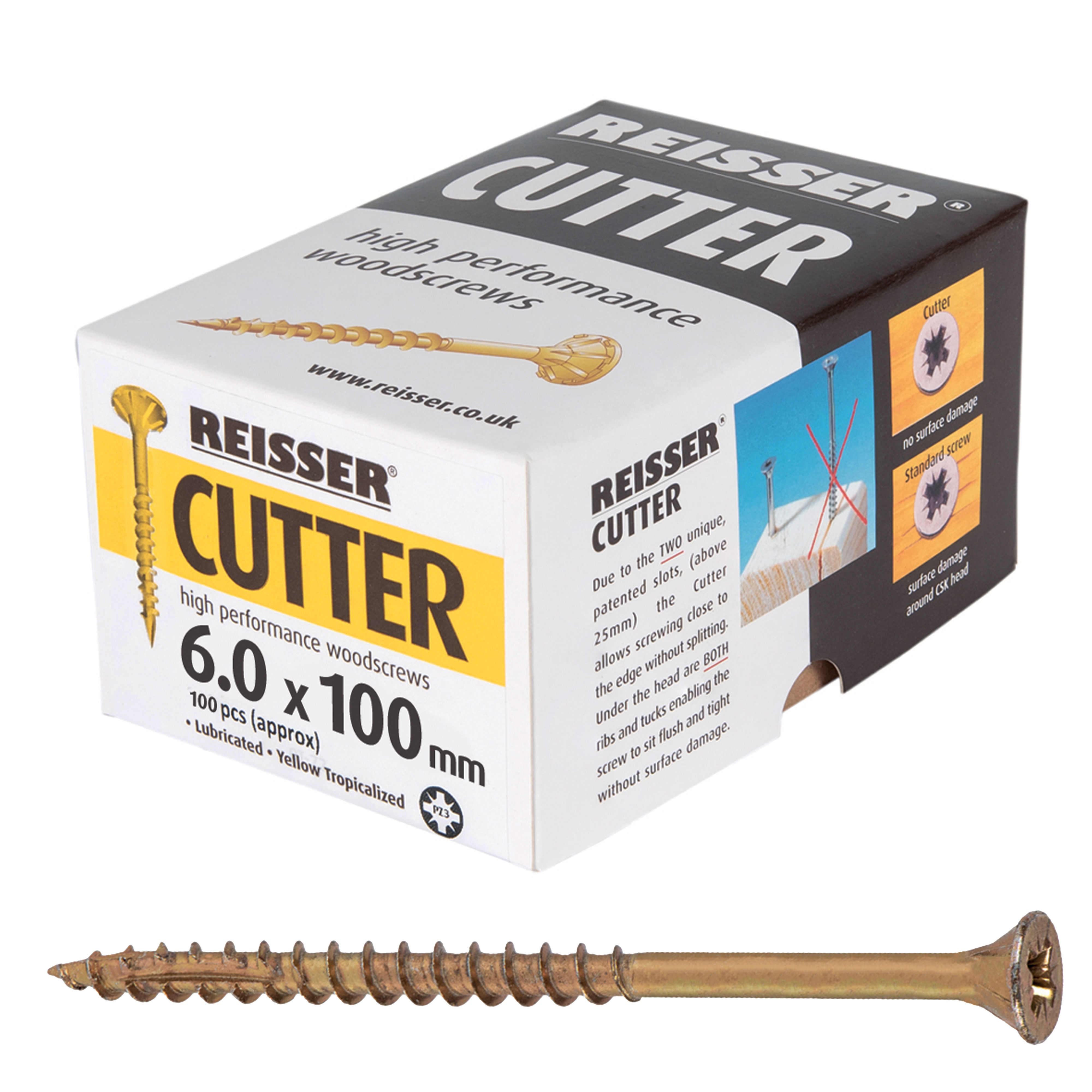 Reisser Cutter Yellow H/P Woodscrews (Box of Approx 100) 6.0mm x 100mm