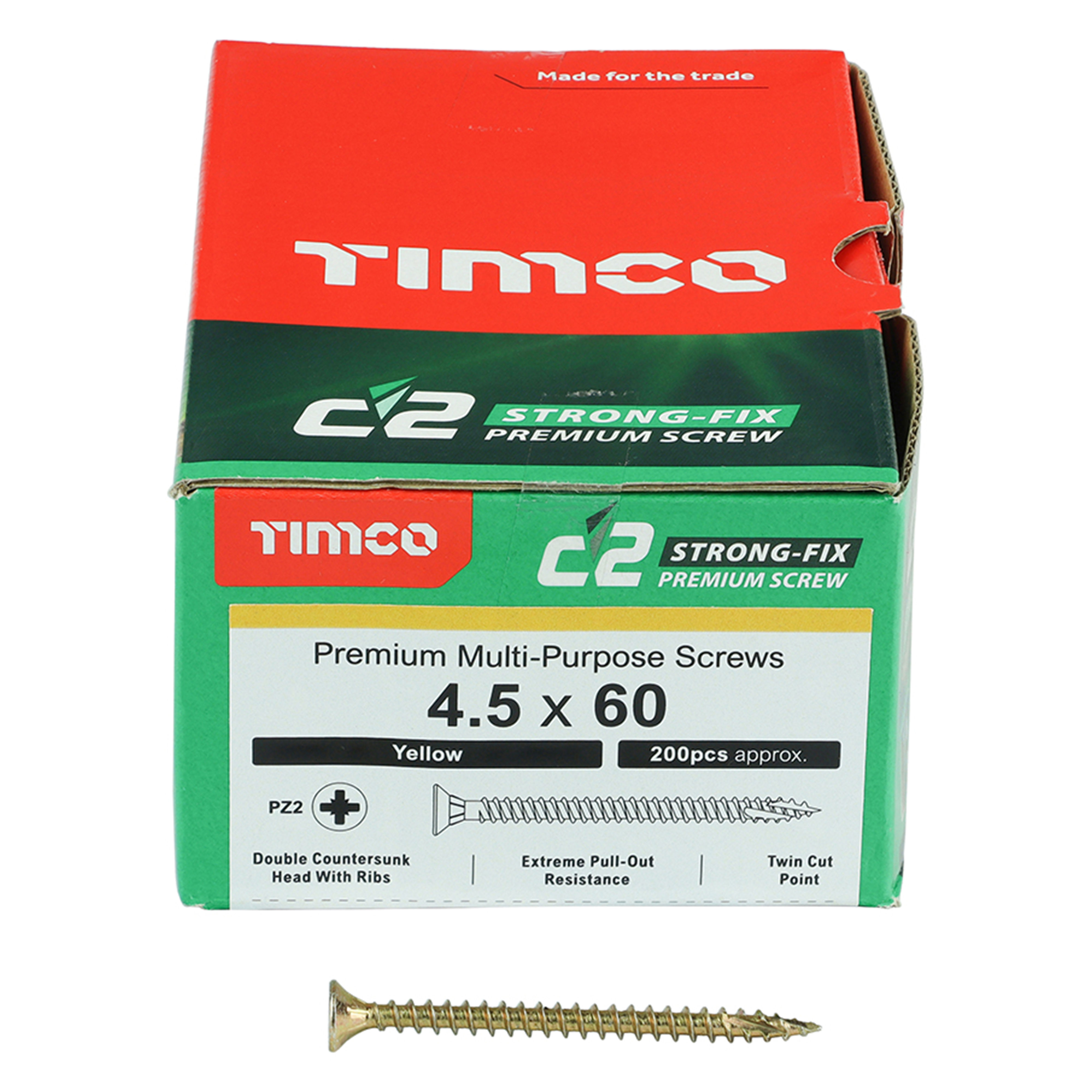 Timco C2 Strong-Fix Premium Screws PZ2 Yellow (Box of 200) 4.5mm x 60mm - 45060C2