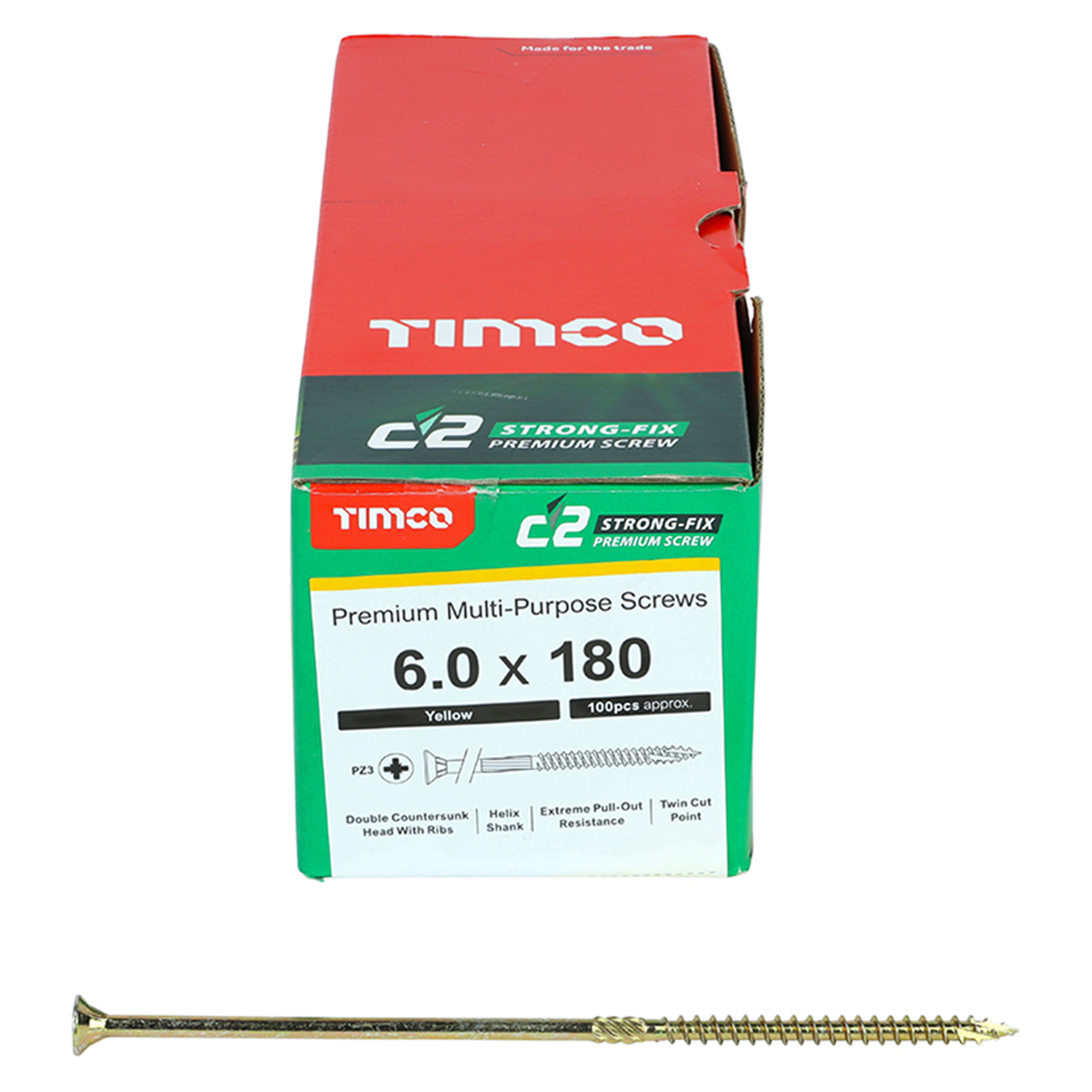Timco C2 Strong-Fix Premium Screws PZ2 Yellow (Box of 100) 6.0mm x 180mm - 60180C2