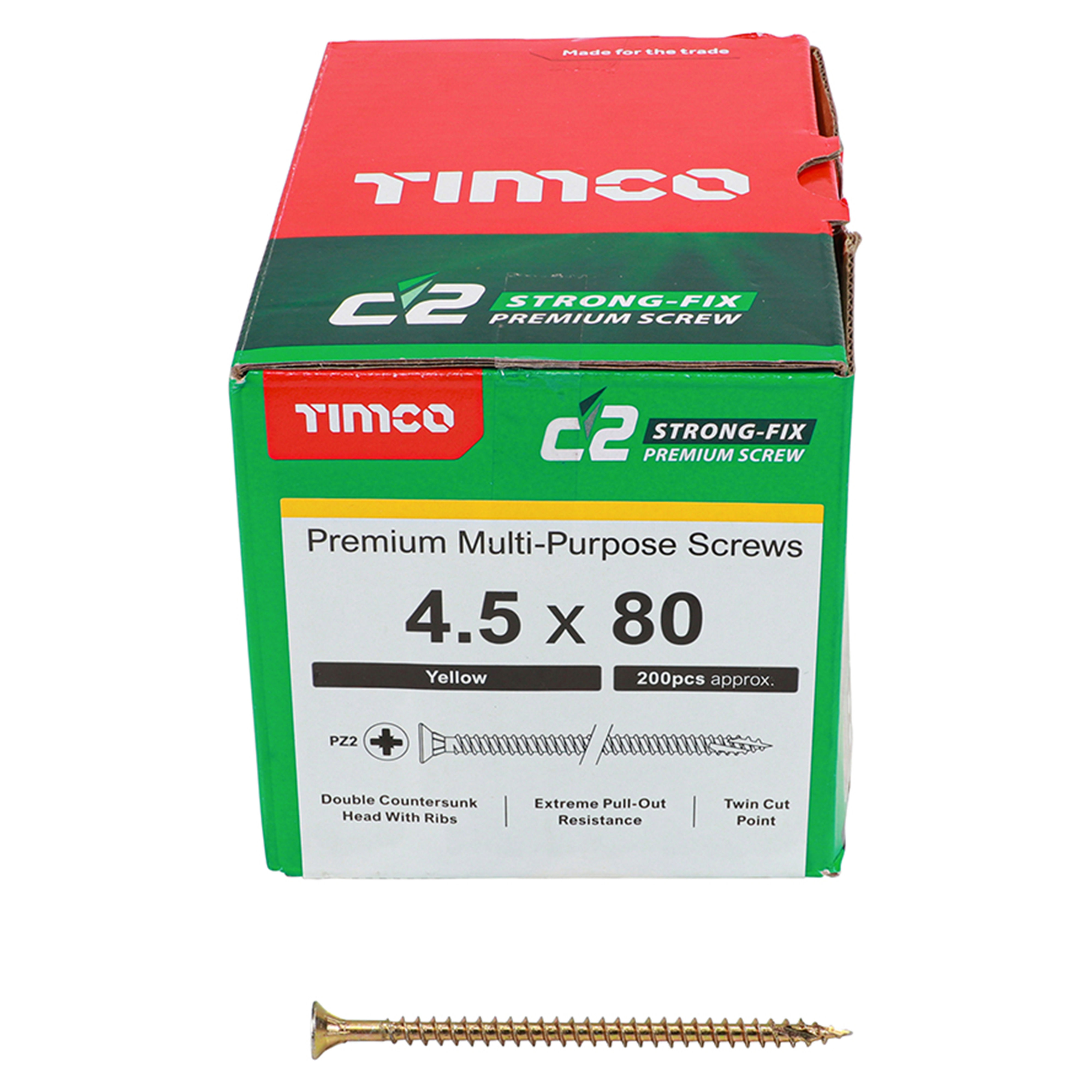 Timco C2 Strong-Fix Premium Screws PZ2 Yellow (Box of 200) 4.5mm x 80mm - 45080C2