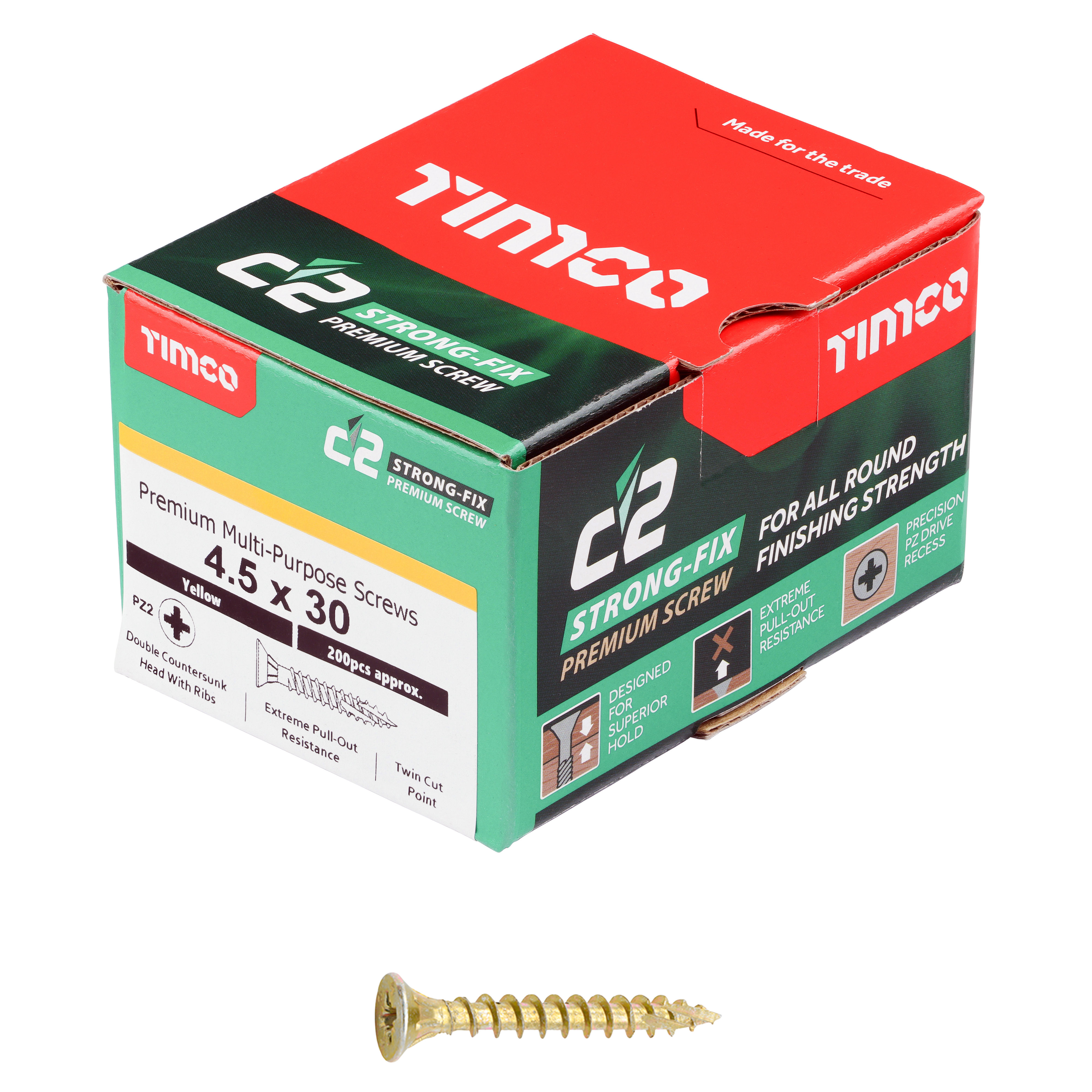 Timco C2 Strong-Fix Premium Screws PZ2 Yellow (Box of 200) 4.5mm x 30mm - 45030C2