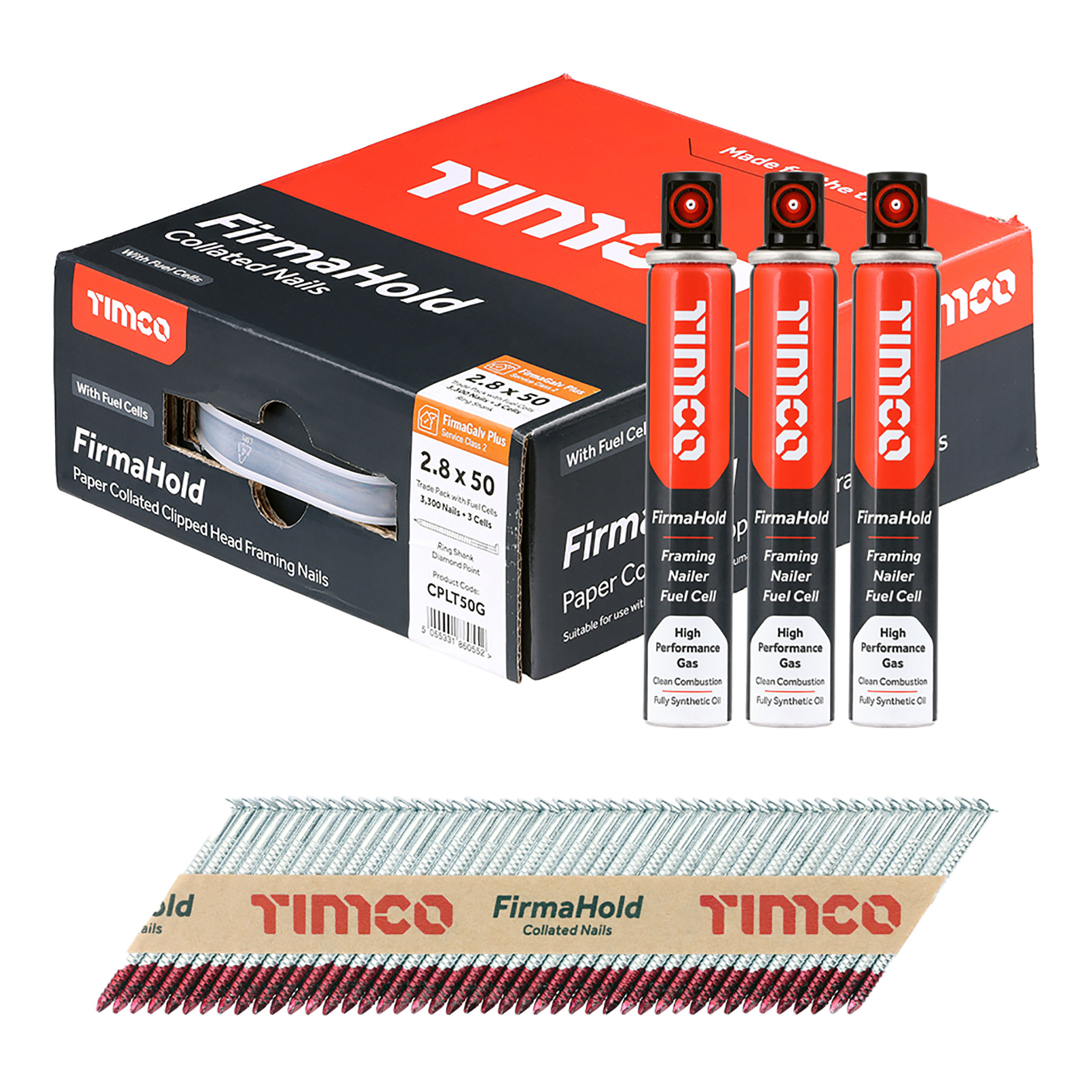 Timco FirmaHold Collated Clipped Head Ring Shank Nails and 3 Fuel Cells (Box of 3300) 2.8mm x 50mm - CPLT50G