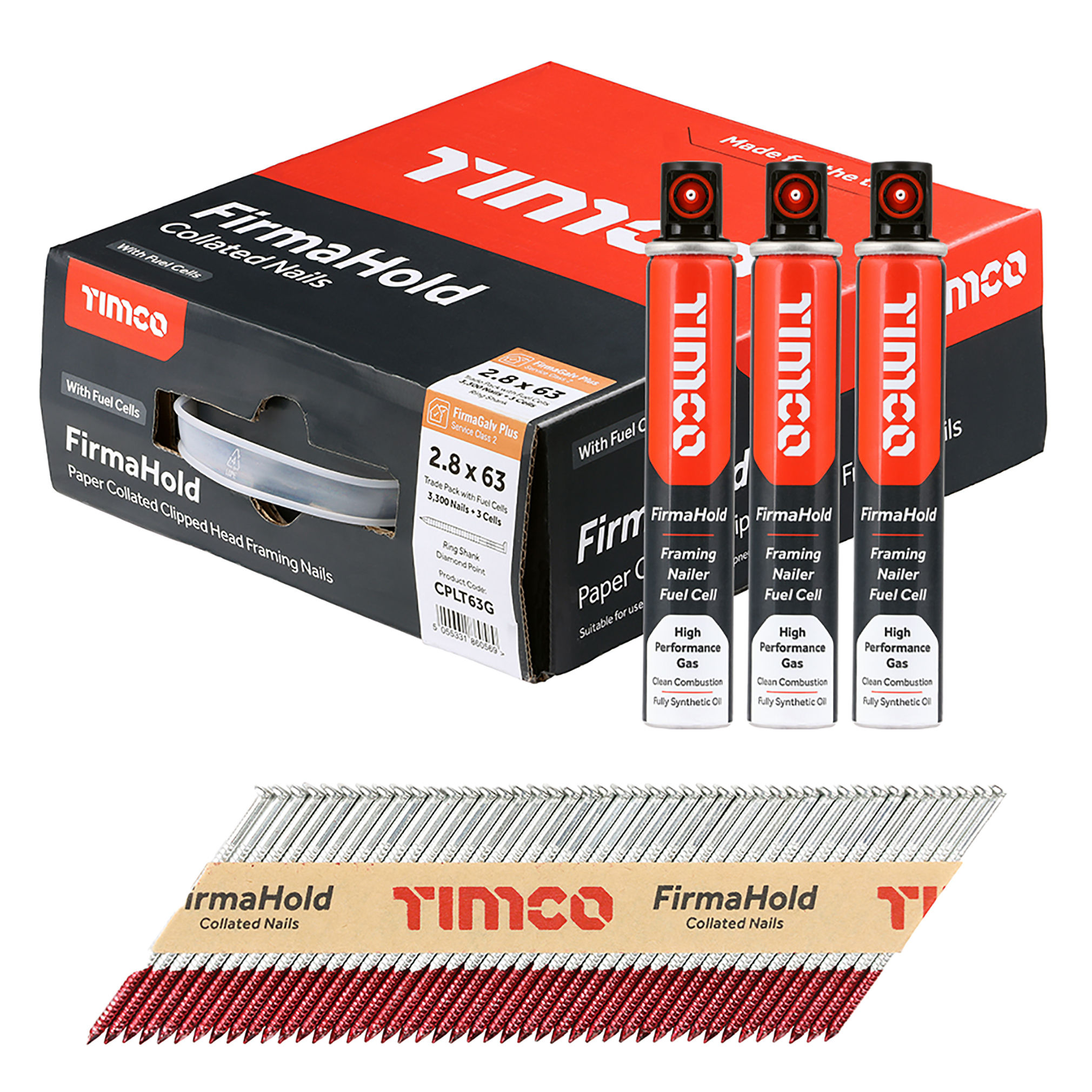 Timco FirmaHold Collated Clipped Head Ring Shank Nails and 3 Fuel Cells (Box of 3300) 2.8mm x 63mm - CPLT63G