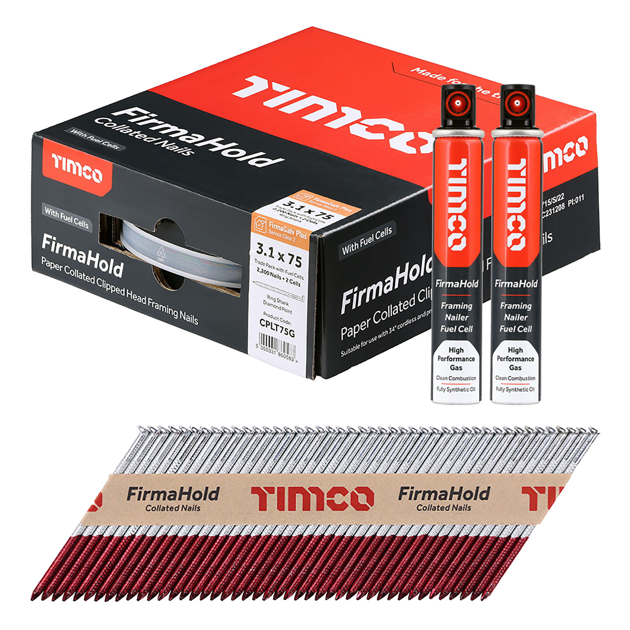 Timco FirmaHold Collated Clipped Head Ring Shank Nails and 2 Fuel Cells (Box of 2200) 3.1mm x 75mm - CPLT75G