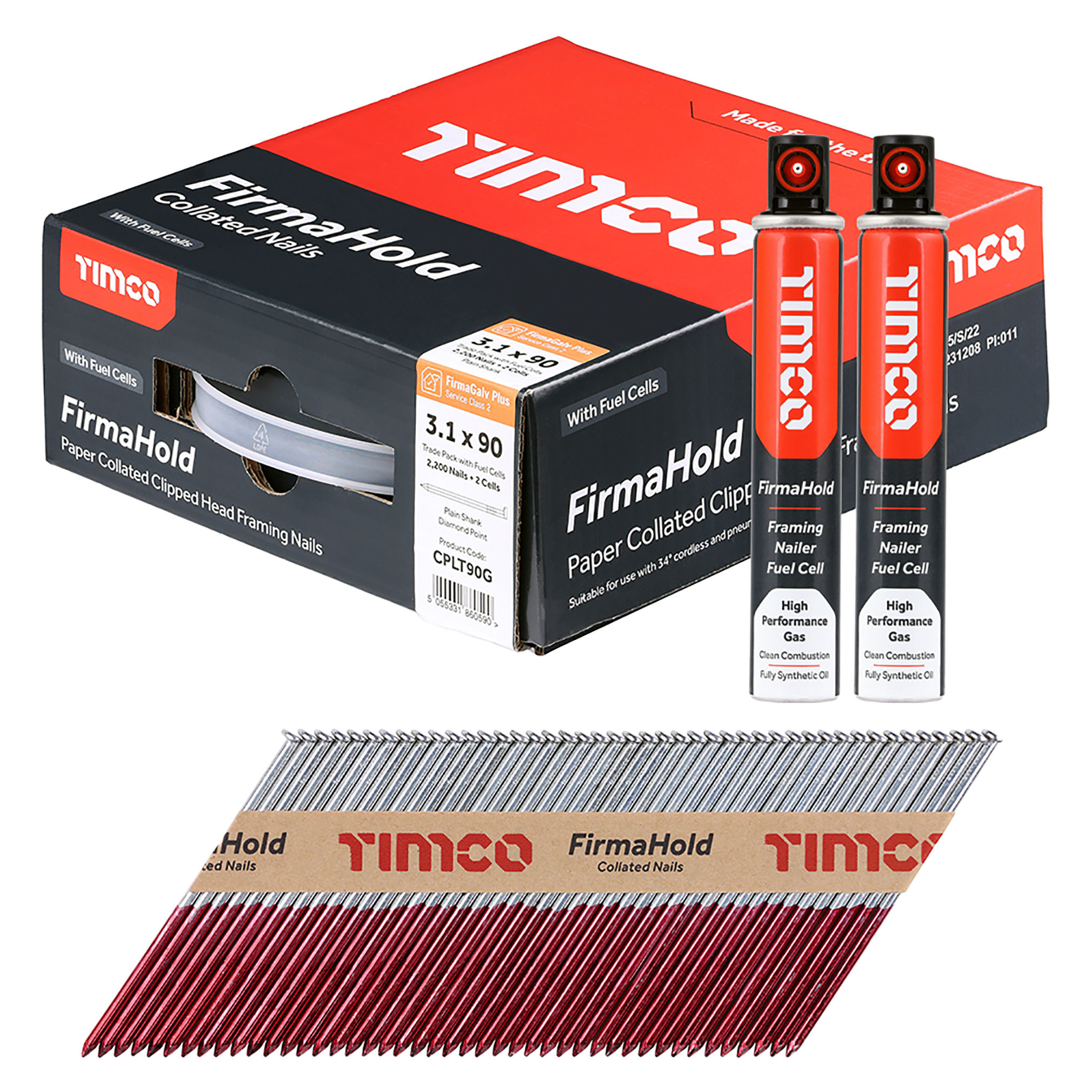Timco FirmaHold Collated Clipped Head Plain Shank Nails and 2 Fuel Cells (Box of 2200) 3.1mm x 90mm - CPLT90G