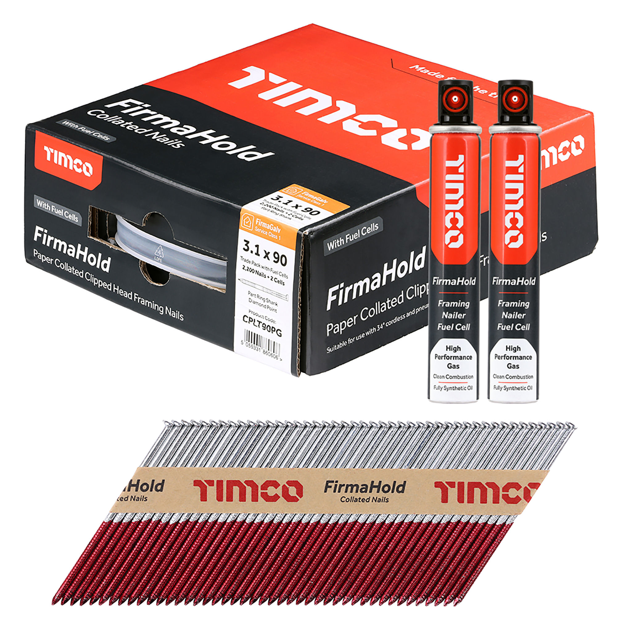 Timco FirmaHold Collated Clipped Head Part Ring Shank Nails and 2 Fuel Cells (Box of 2200) 3.1mm x 90mm - CPLT90PG