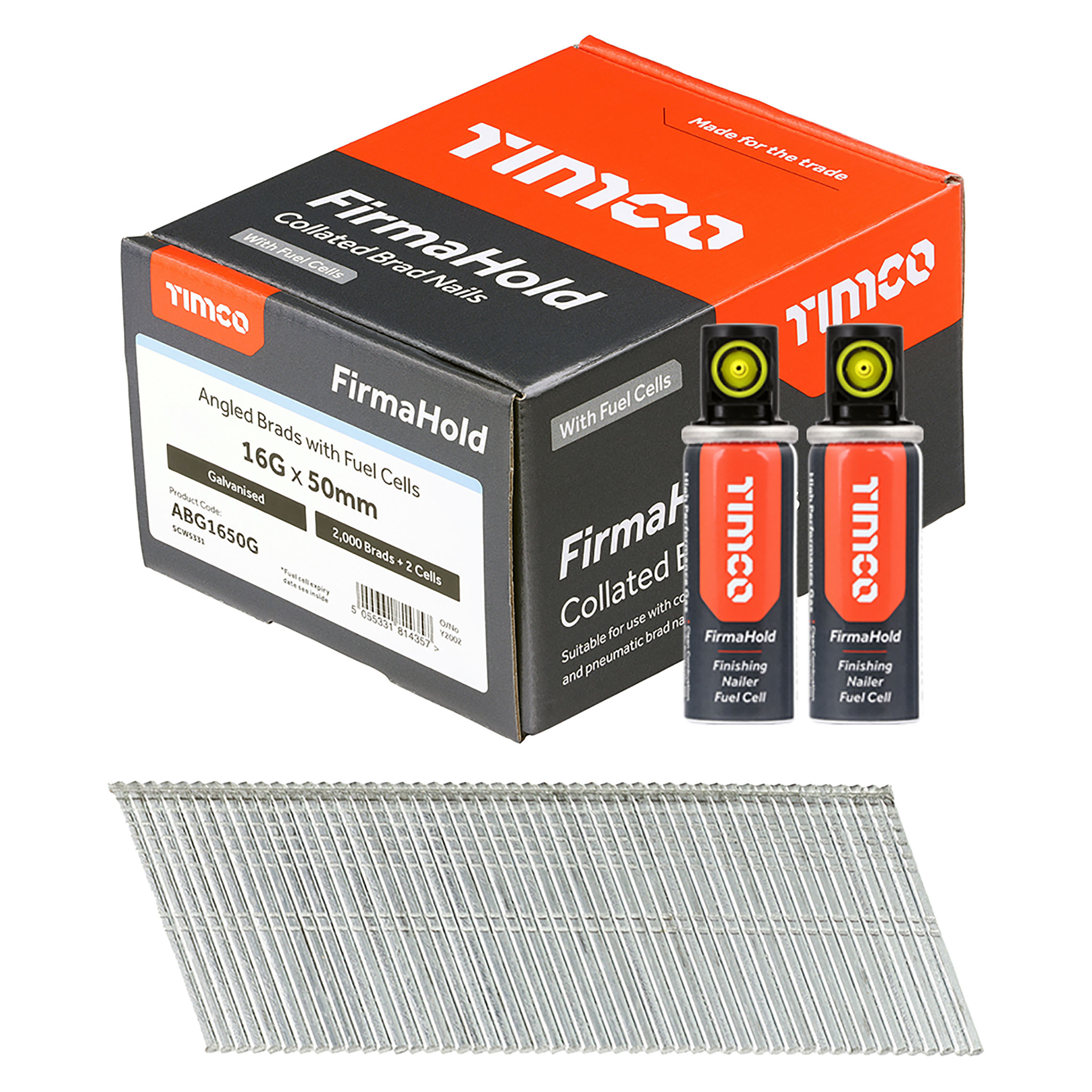 Timco FirmaHold Collated Angled Brad Nails and 2 Fuel Cells Galvanised (Box of 2000) 16ga x 50mm - ABG1650G