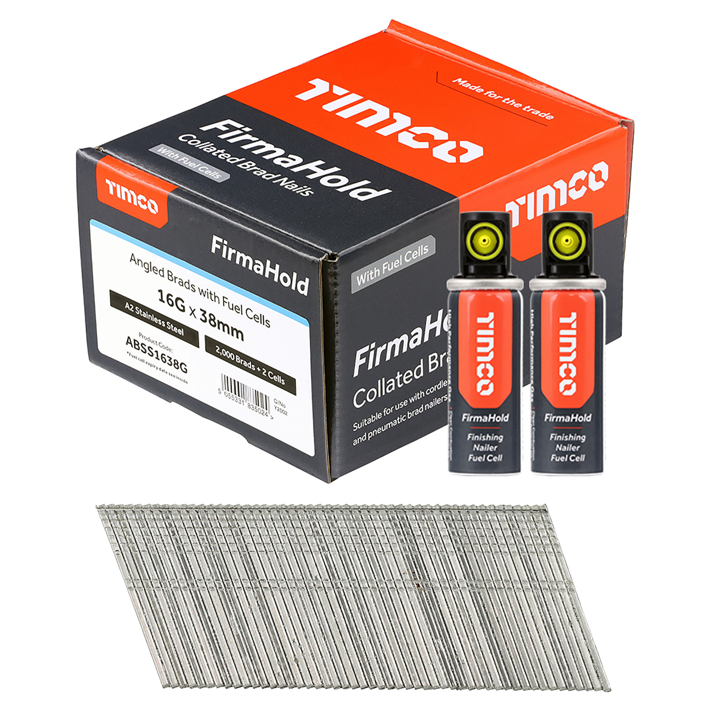 Timco FirmaHold Collated Angled Brad Nails and 2 Fuel Cells Stainless Steel (Box of 2000) 16ga x 38mm - ABSS1638G