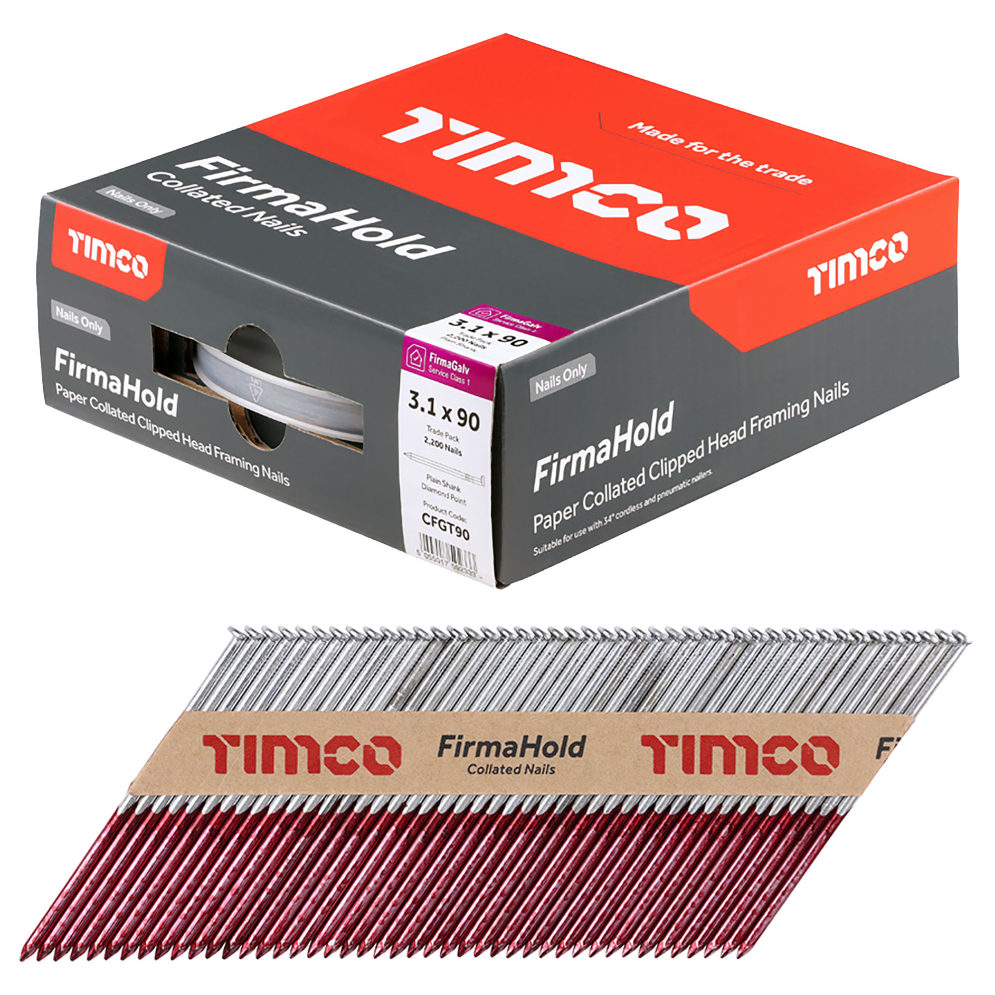 Timco FirmaHold Collated Clipped Head Plain Shank Nails (Box of 2200) 3.1mm x 90mm - CFGT90