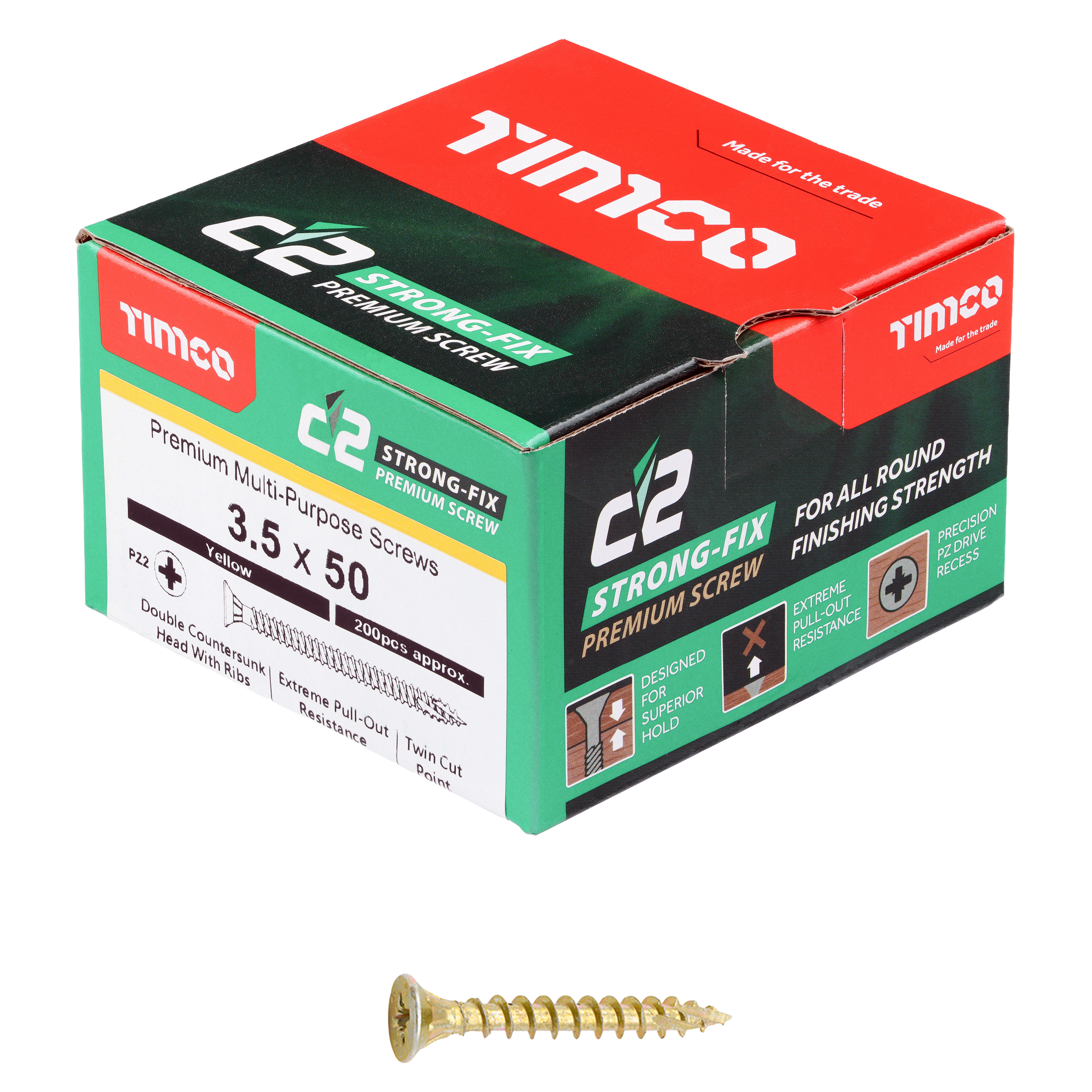 Timco C2 Strong-Fix Premium Screws PZ2 Yellow (Box of 200) 3.5mm x 50mm - 35050C2