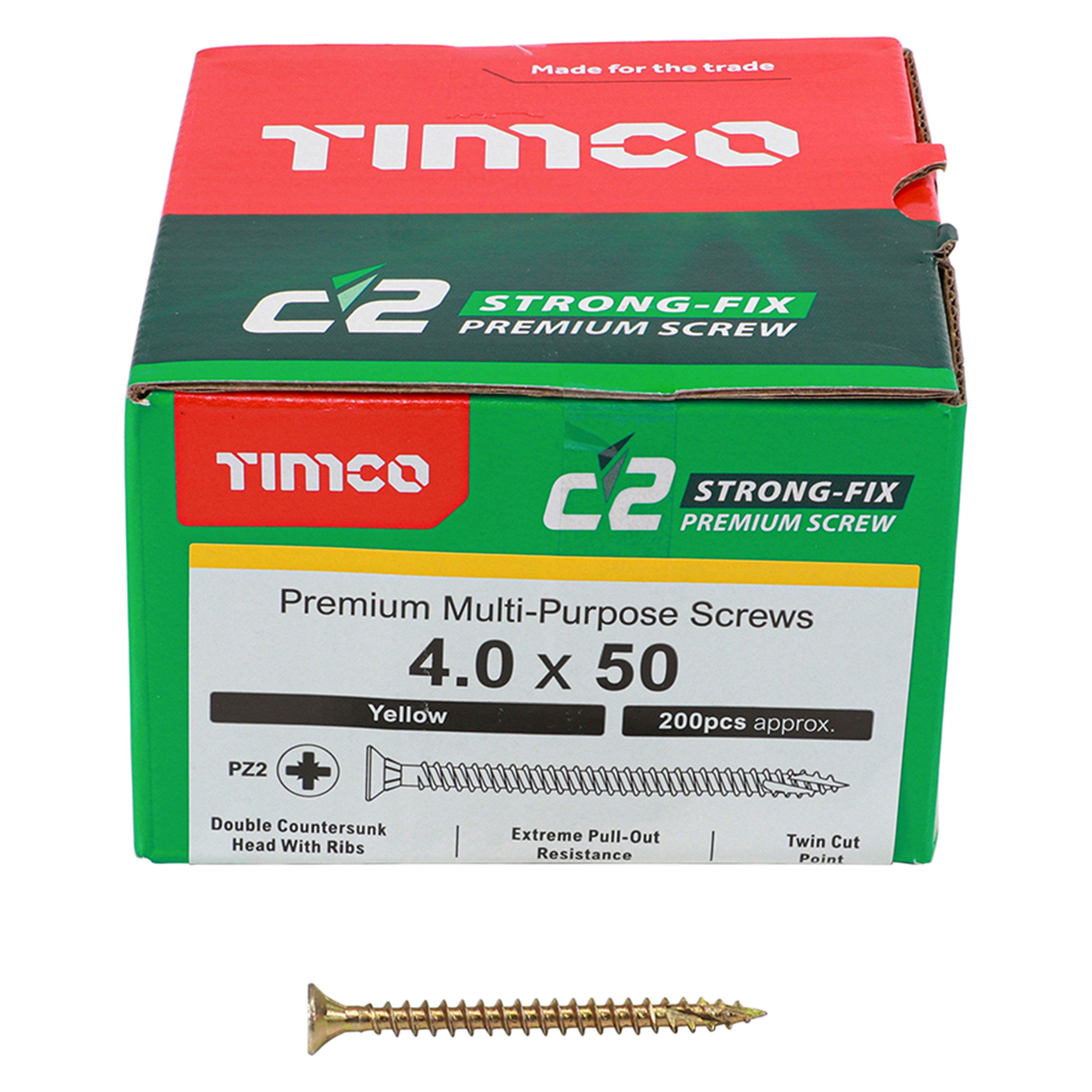 Timco C2 Strong-Fix Premium Screws PZ2 Yellow (Box of 200) 4.0mm x 50mm - 40050C2