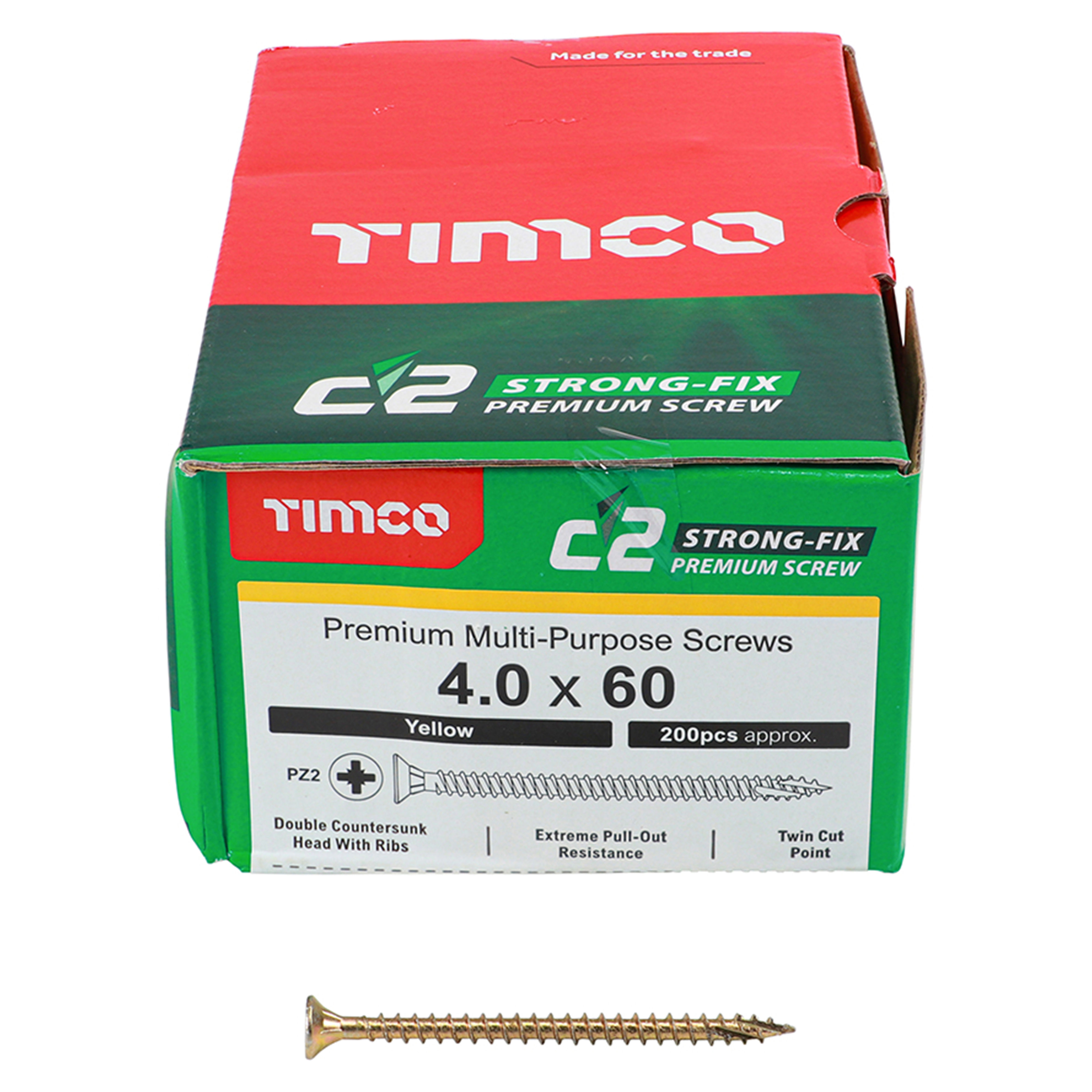 Timco C2 Strong-Fix Premium Screws PZ2 Yellow (Box of 200) 4.0mm x 60mm - 40060C2