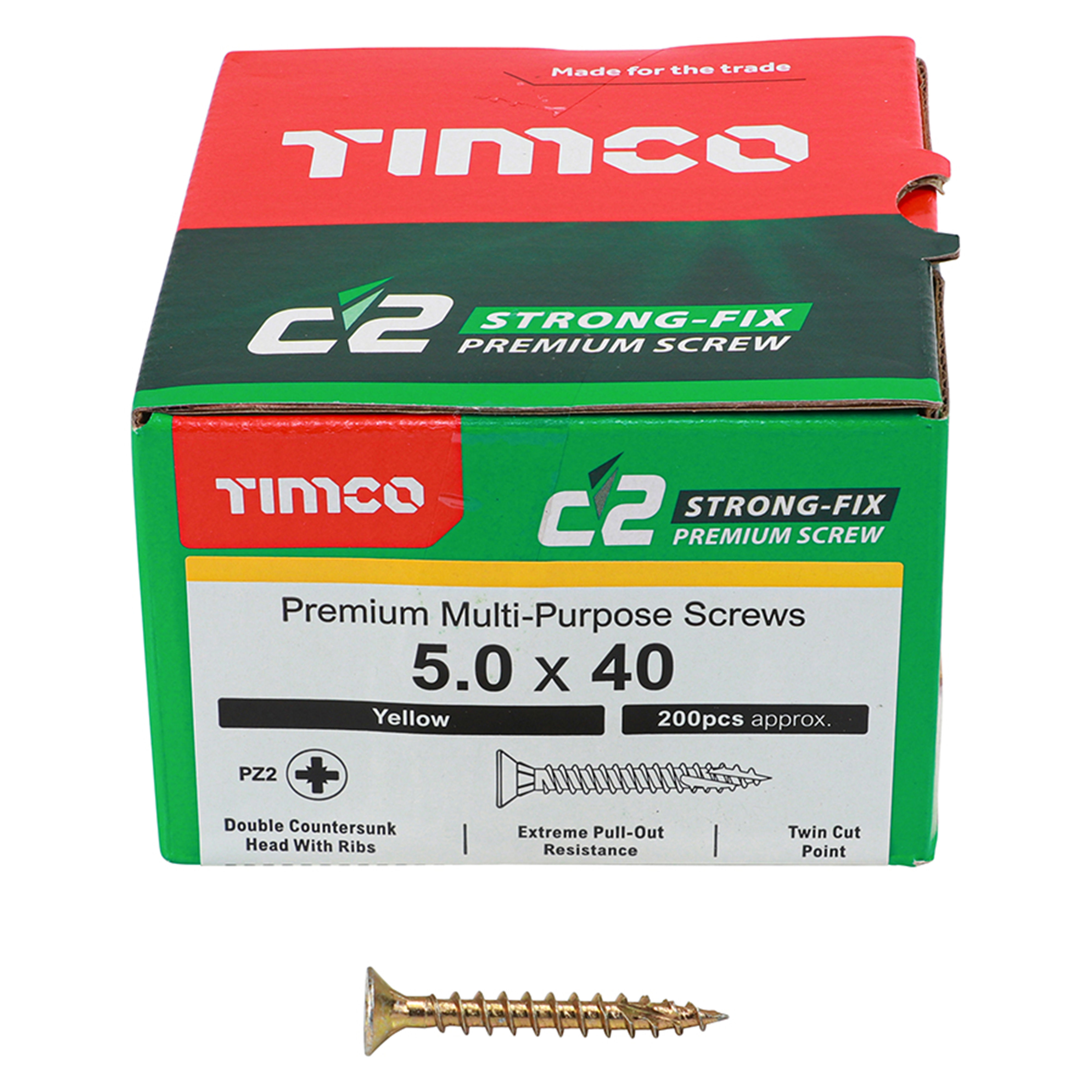 Timco C2 Strong-Fix Premium Screws PZ2 Yellow (Box of 200) 5.0mm x 40mm - 50040C2