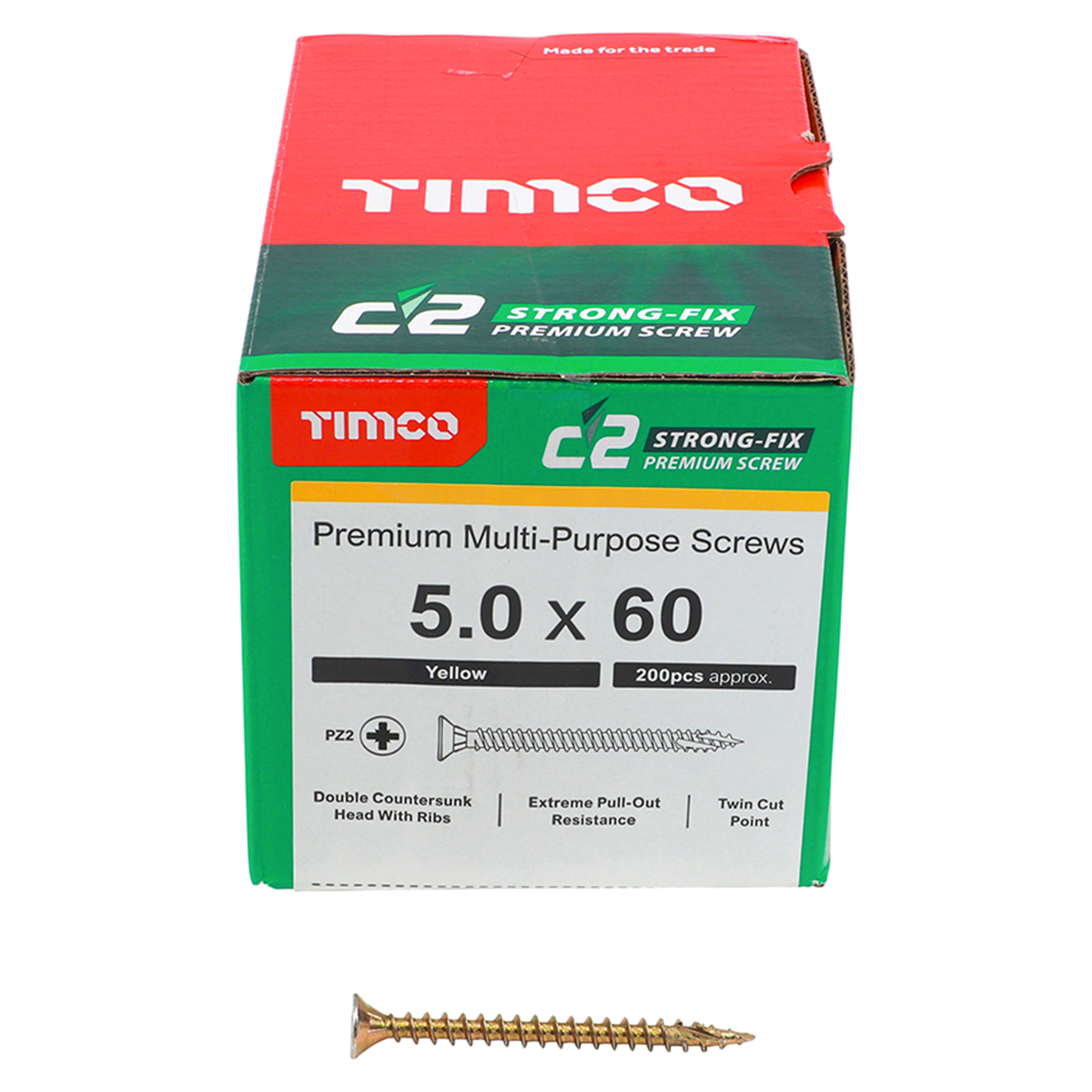 Timco C2 Strong-Fix Premium Screws PZ2 Yellow (Box of 200) 5.0mm x 60mm - 50060C2