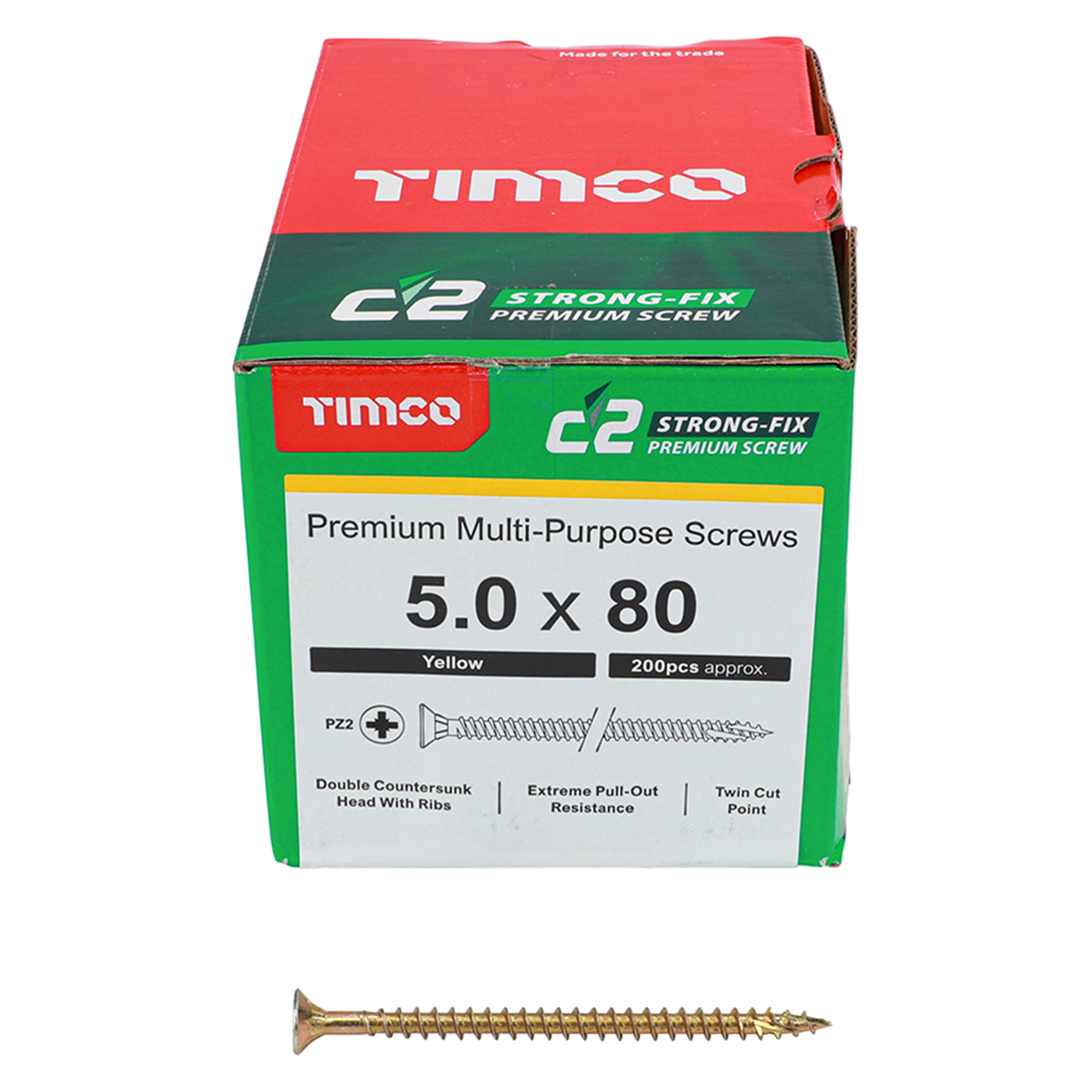 Timco C2 Strong-Fix Premium Screws PZ2 Yellow (Box of 200) 5.0mm x 80mm - 50080C2
