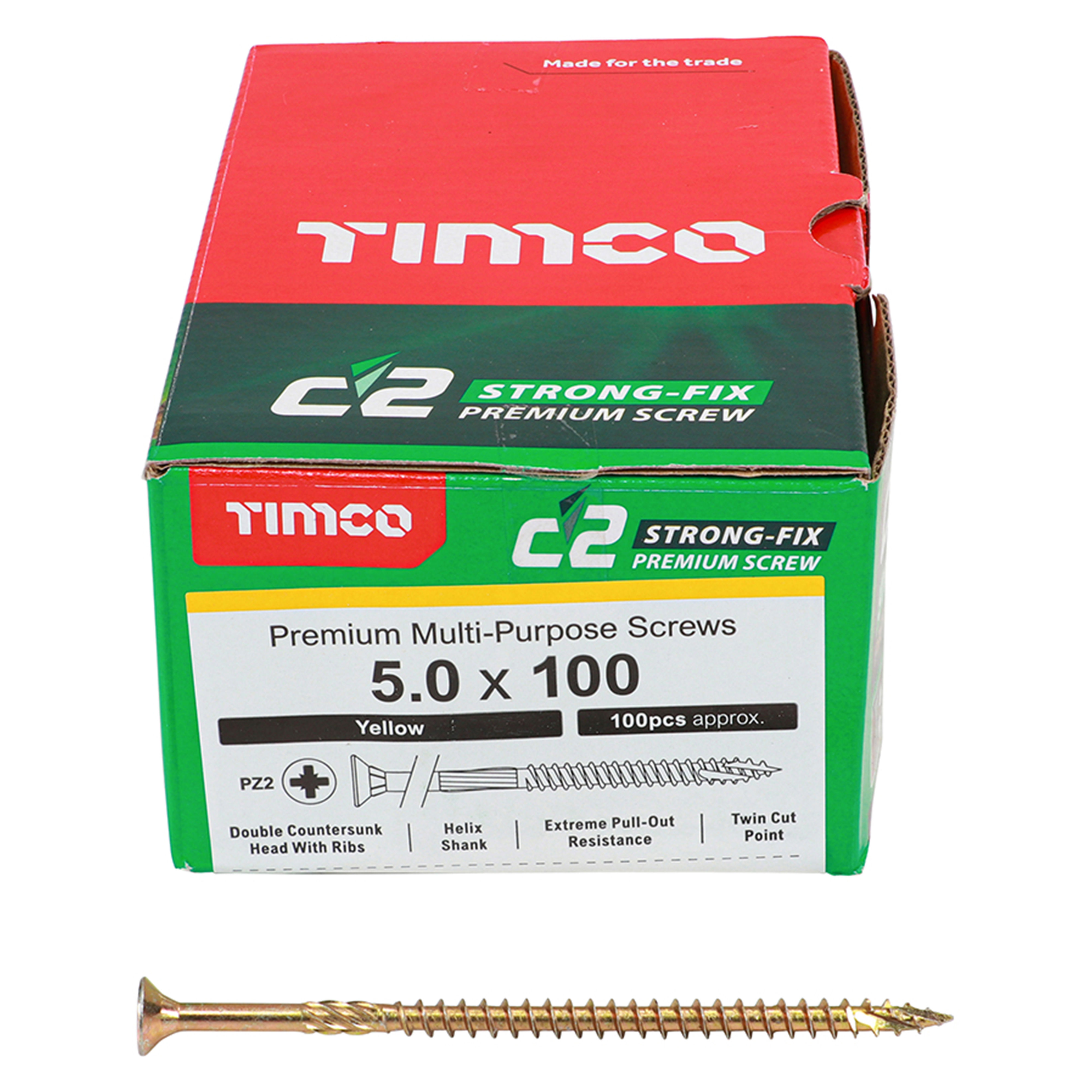 Timco C2 Strong-Fix Premium Screws PZ2 Yellow (Box of 100) 5.0mm x 100mm - 50100C2