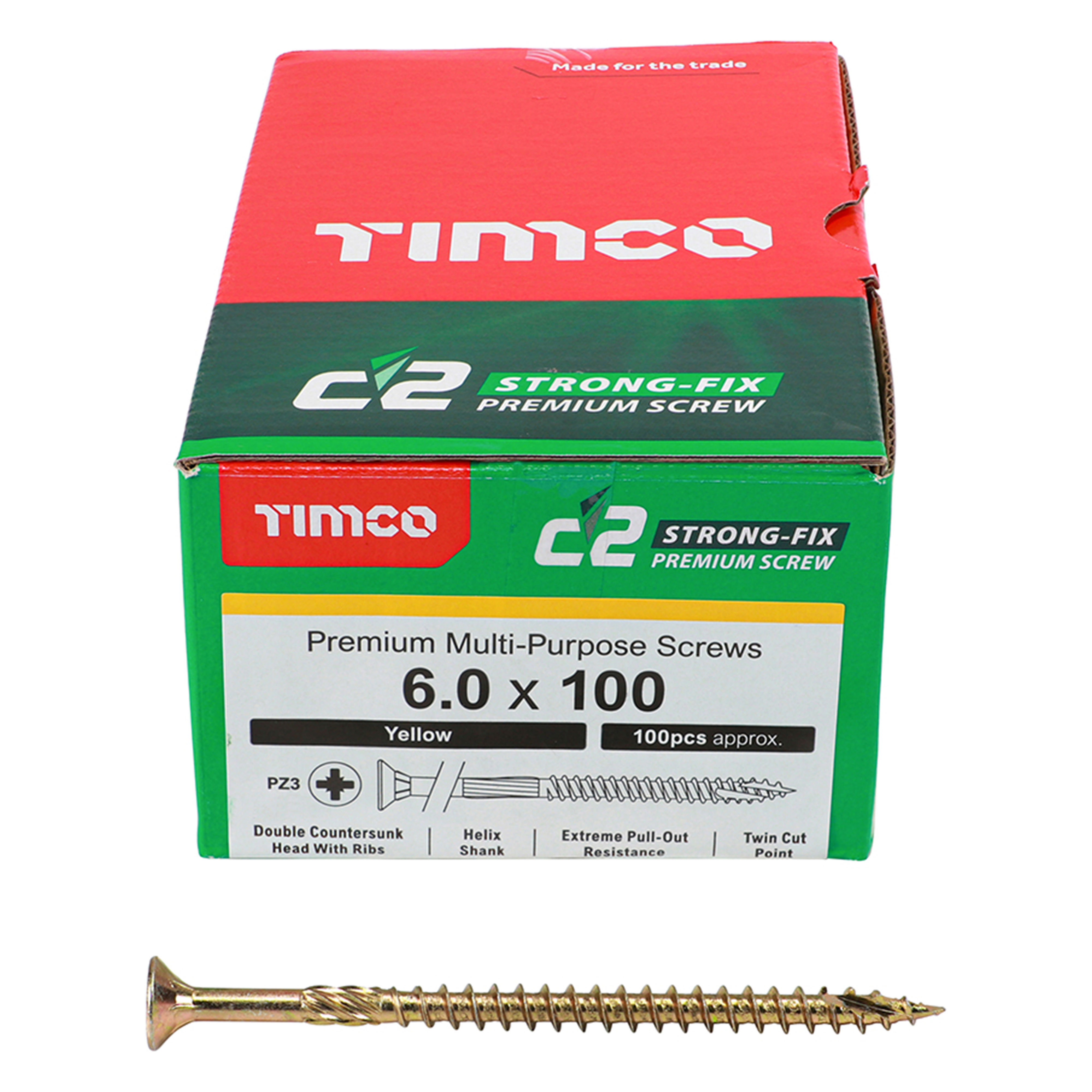 Timco C2 Strong-Fix Premium Screws PZ2 Yellow (Box of 100) 6.0mm x 100mm - 60100C2