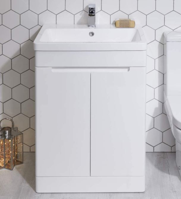 Selkirk Floor Standing 2 Door Unit with Basin Gloss White 600mm - 53101/53100