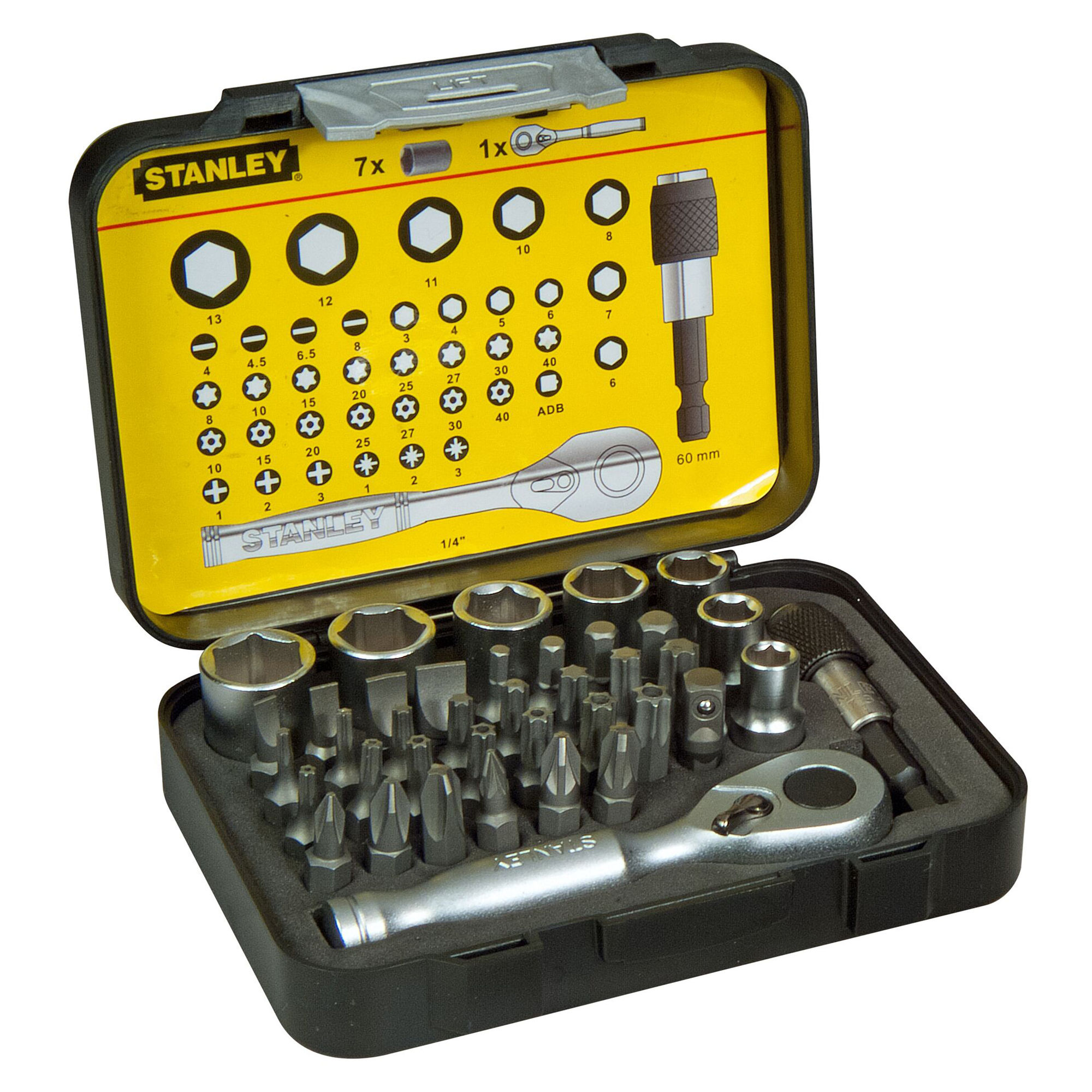Stanley Ratchet, Bits, Magnetic Bit Holder and Socket Set (39 Piece) 1/4" (25mm) STA113906