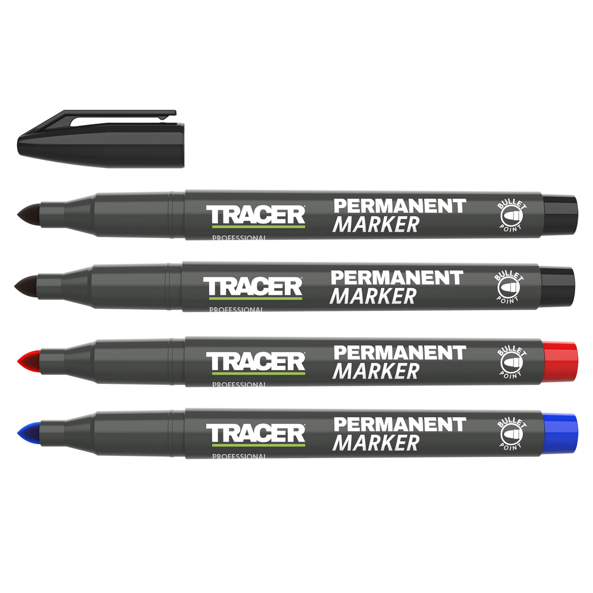 Tracer Professional Permanent Marker Pens (4 Pack - 2x Black, 1x Red, 1x Blue) APMK1