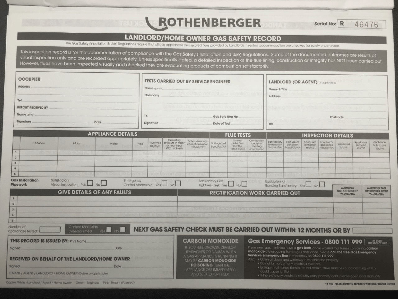 Rothenberger UK Gas Safety Certificate Record Pads (25 x 3 Part Record Set)
