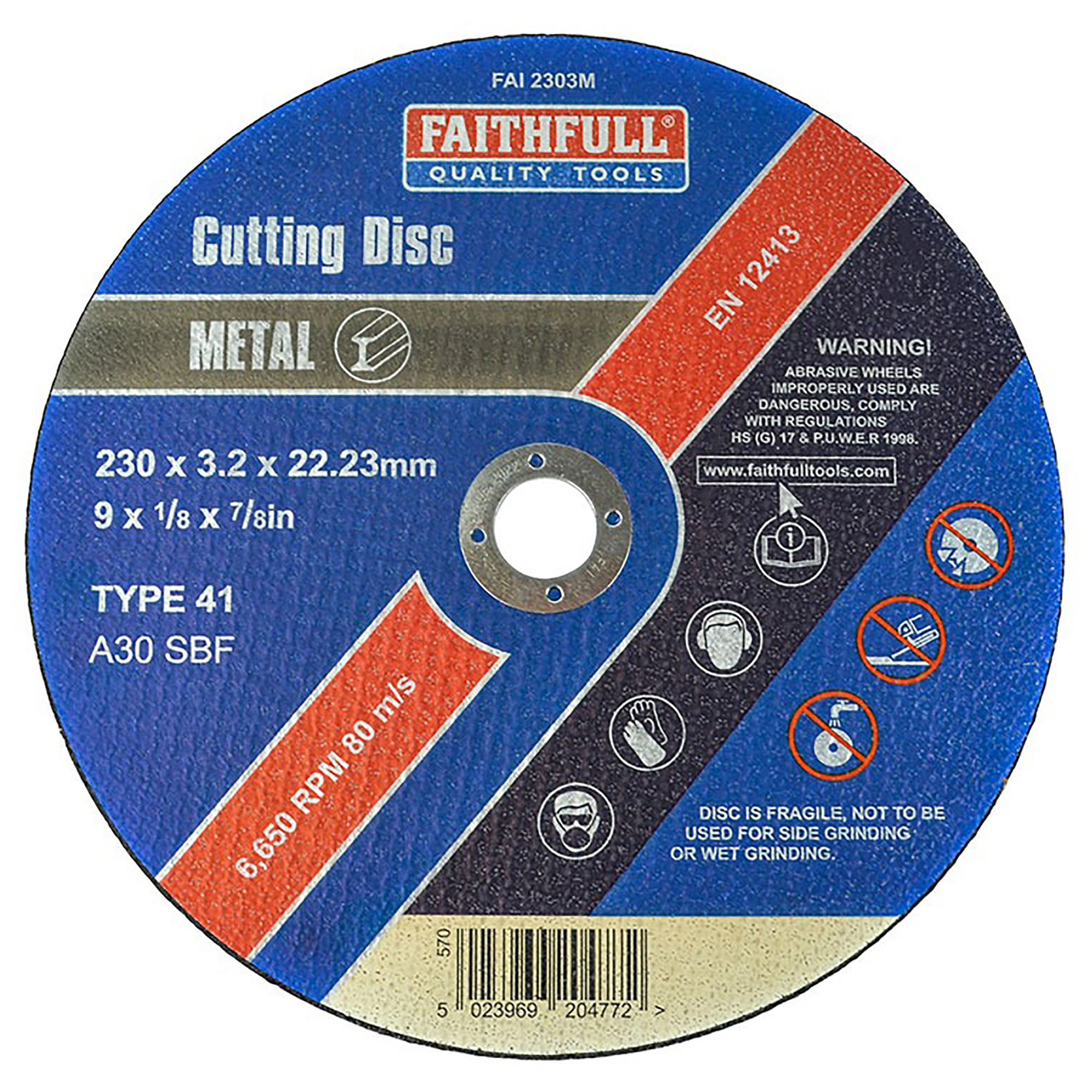 Faithfull Flat Metal Cut Disc 230mm x 3.2mm x 22.23mm - FAI2303M