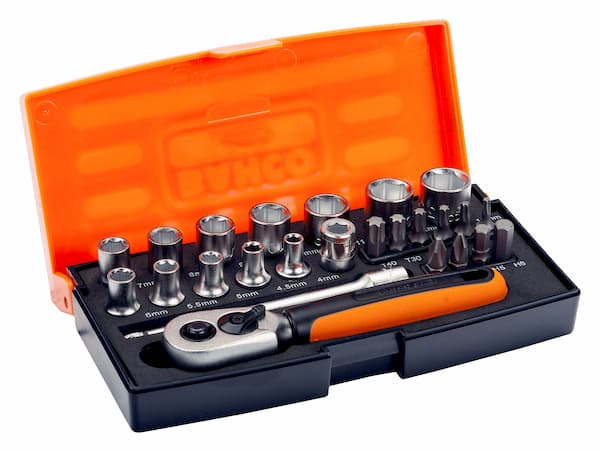 Bahco Square Drive Socket Set with Metric Hex Profile and Screwdriver Bits/Bit Holder (25 Piece) 1/4" - BAHSL25